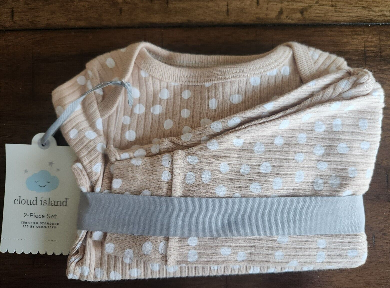 Cloud Island Baby Set Wide Ribbed 2pc Top Pant Polka Dot Beige Bottom 0-3m NEW