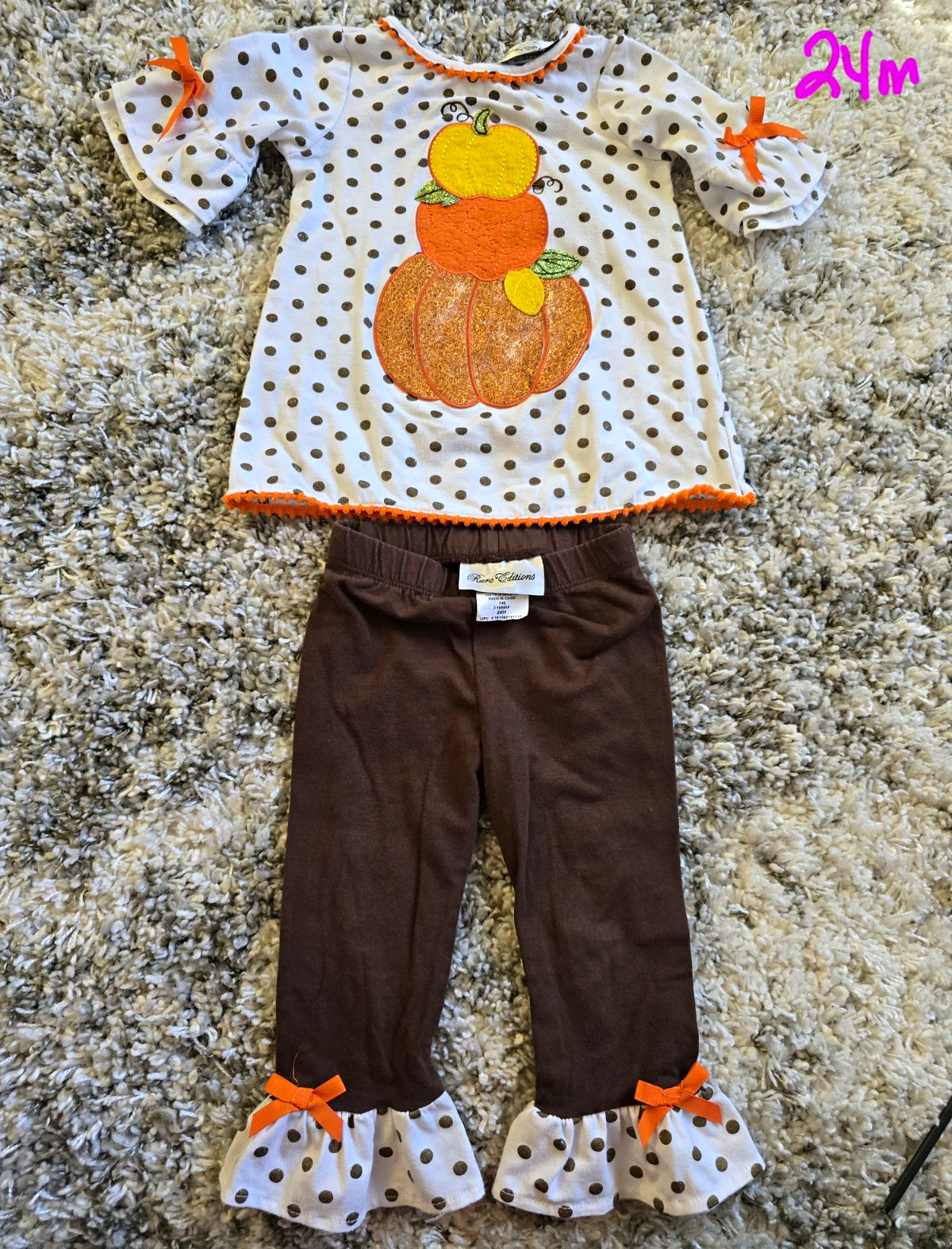 24M Rare Editions Girls Fall Halloween Thanksgiving Pumpkin Polka Dot Ruffle