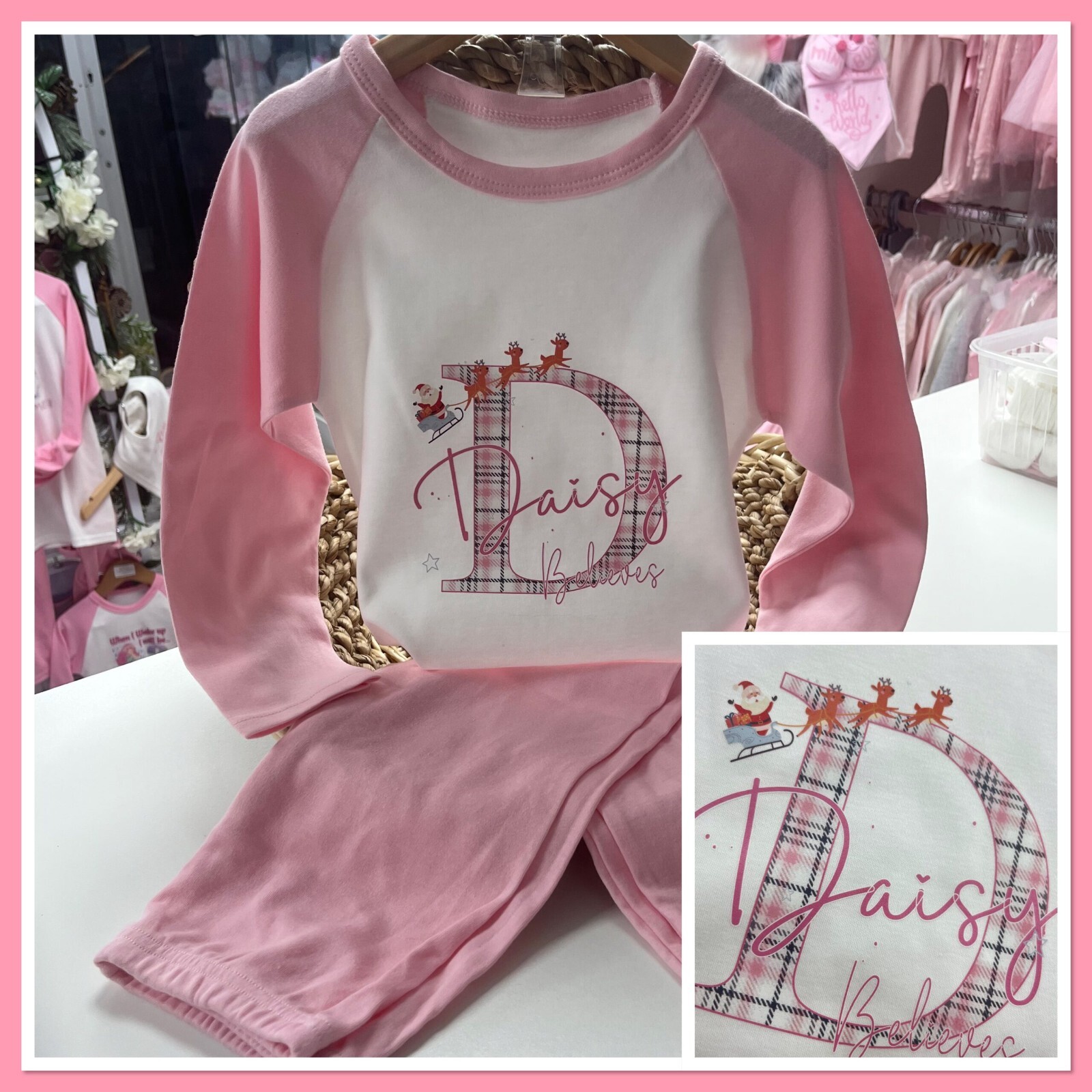 🎄 Personalised Girls Christmas Eve Pyjamas Sleepsuit 0-10y Pink Flying Santa