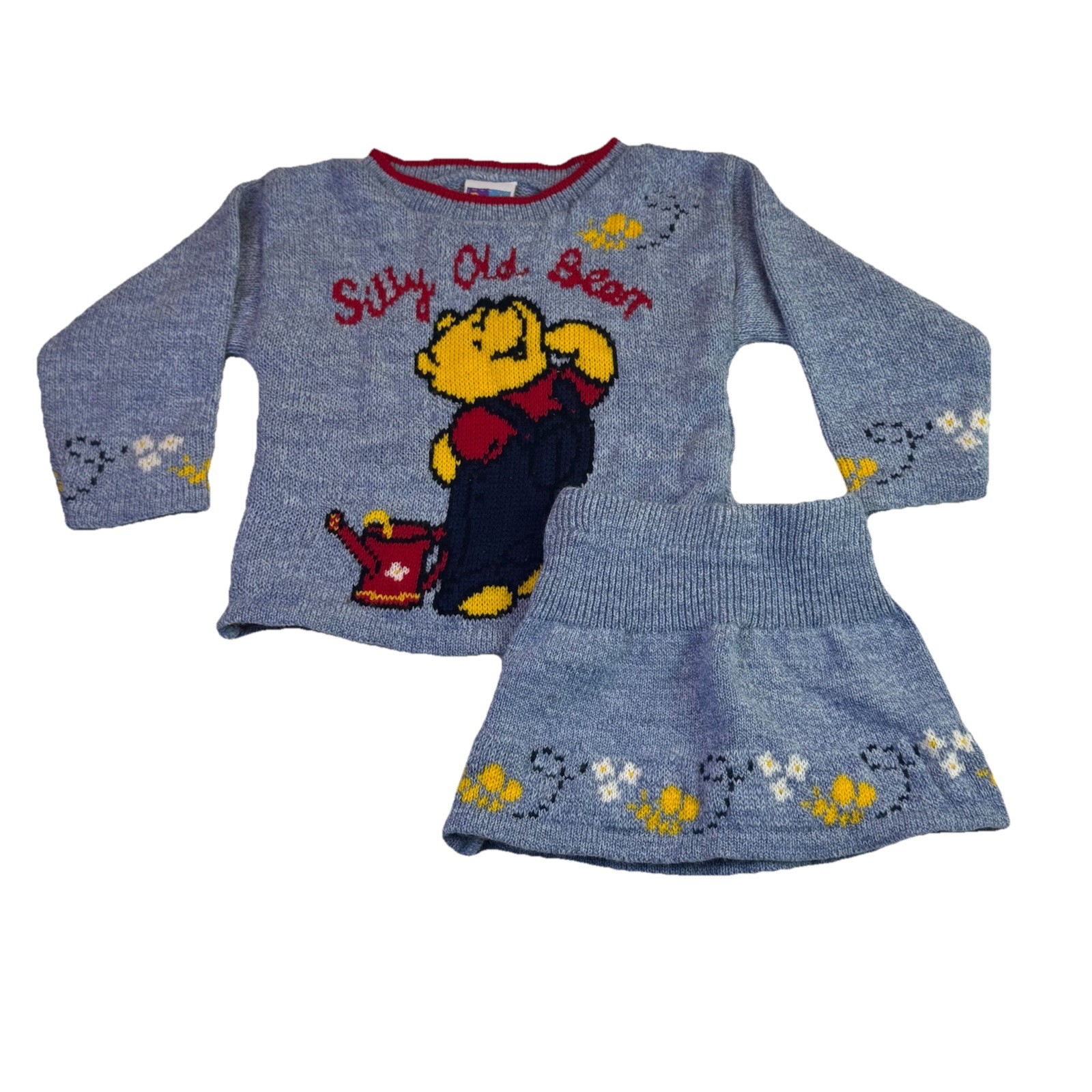 Vintage Y2K Disney Winnie the Pooh Toddler Outfit Sweater Skirt Set Small 2T