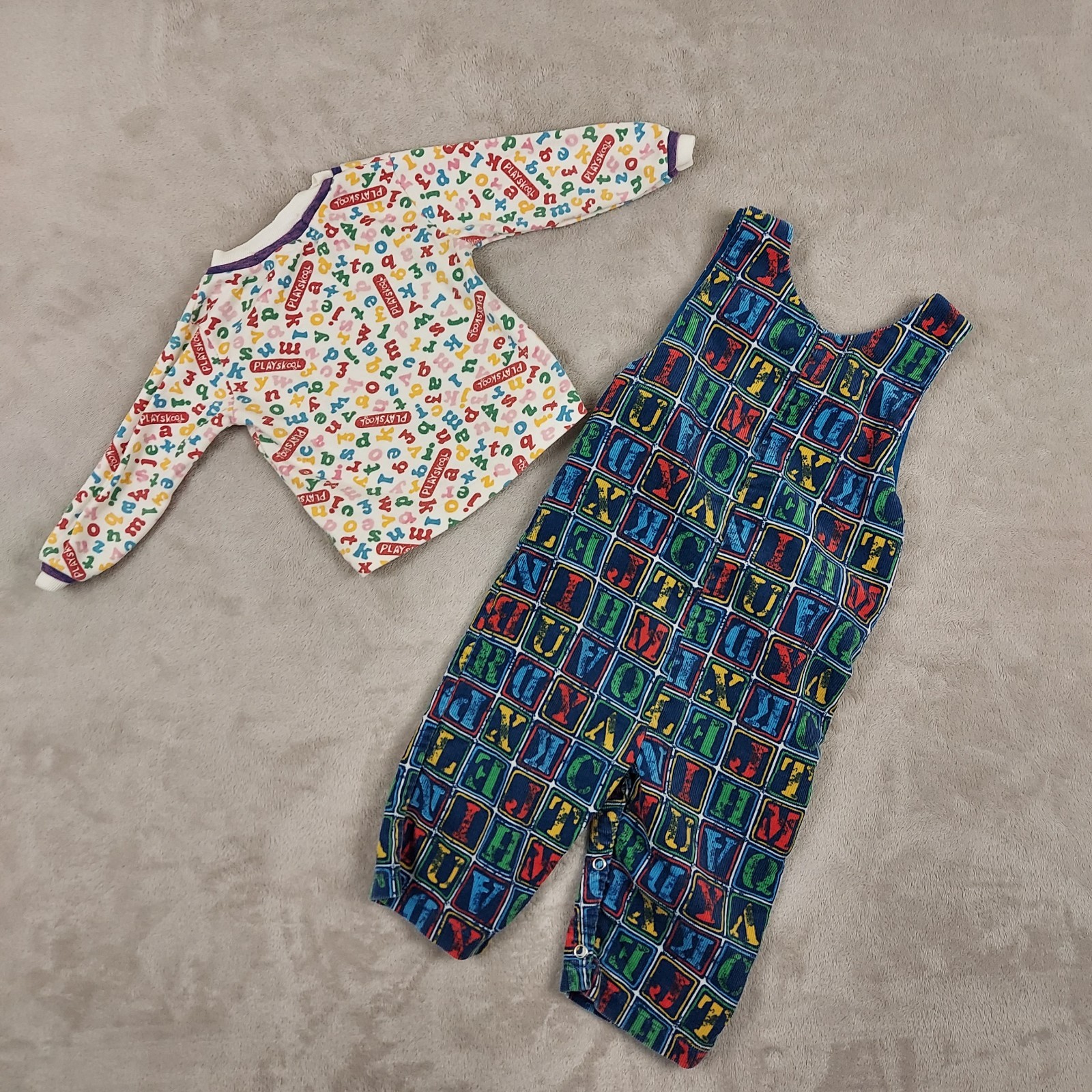 Vintage Playskool Toddler 2 Piece Set 2T Long Sleeve Shirt Corduroy Overalls AOP