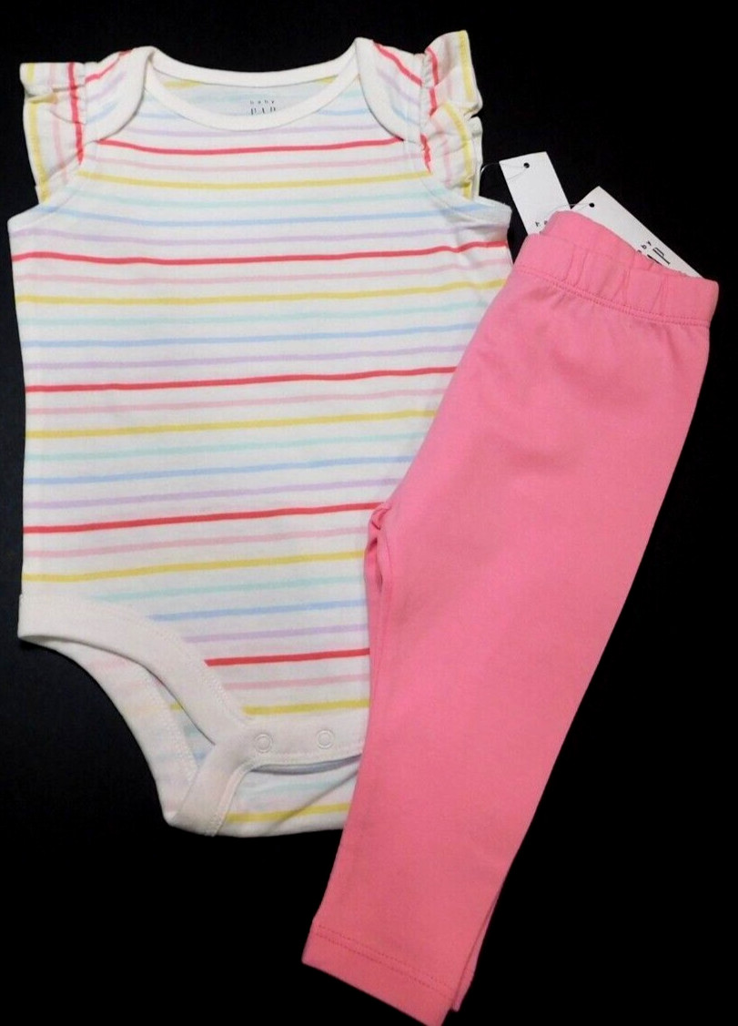 Gap Baby Girl Outfit Bodysuit Pants Pink Multicolor 6-12M Flutter Sleeve NEW