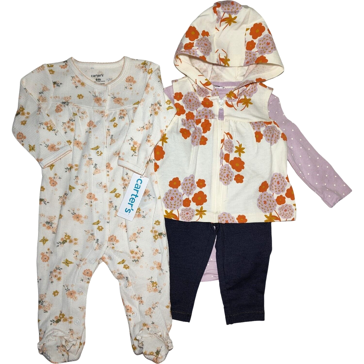 Carter’s Baby Girl 6 Mos Outfit Sleeper Set Jean Leggings Hooded Vest Bodysuit