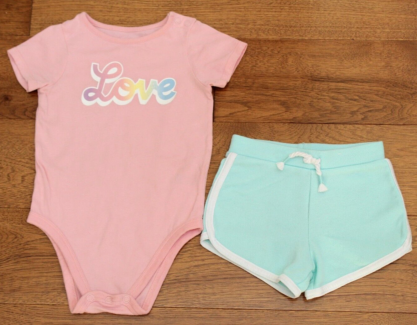 RETRO SUMMER OUTFIT Baby Girls 12 Months “Love” Pink Bodysuit Shorts 80s Vibes