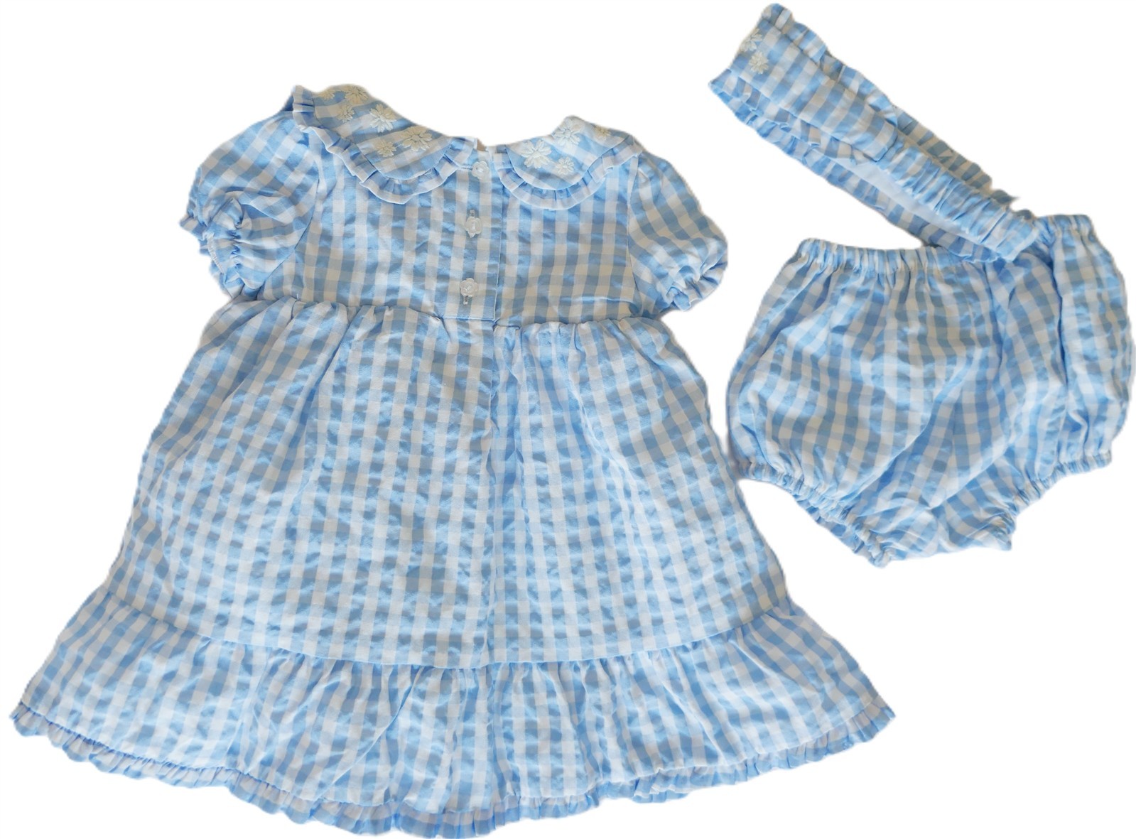NEW TAHARI Blue Gingham SET Smocked SS Dress+Bloomers+Headband 3-6m Embroidery