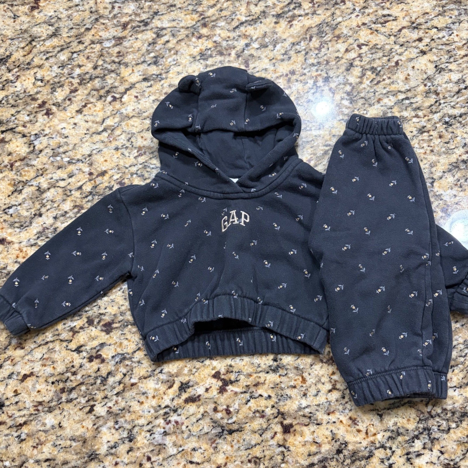 Baby Gap Floral Cropped Hoodie and Jogger Set Gray Bear Ears 6-12 Months