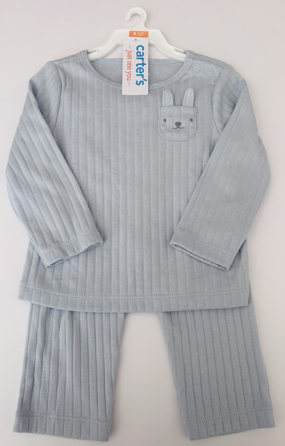 Carters (Boys Size 9M) Light Blue Ribbed Bunny Pocket 2pc Pants / Shirt Set NWT