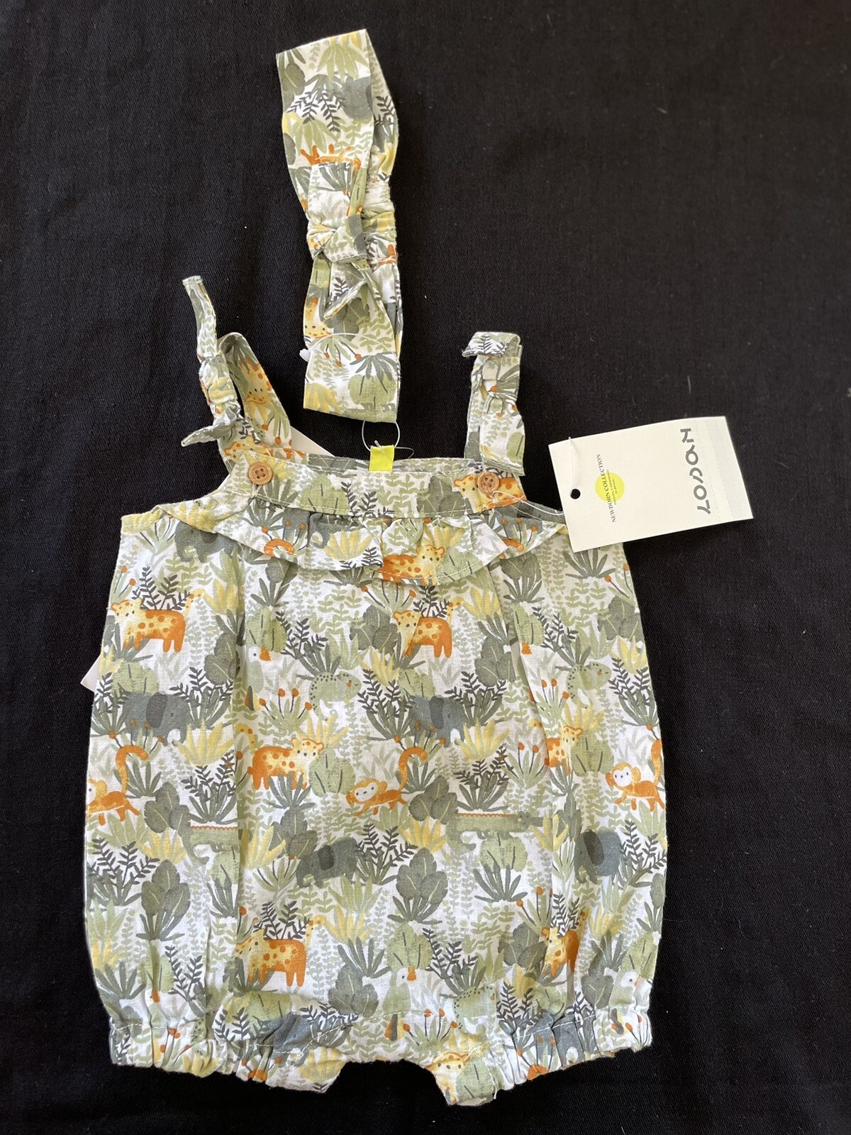 Losan (Spain) NWT Green/Gold Cotton/Linen “Jungle” Romper & Headband-Newborn