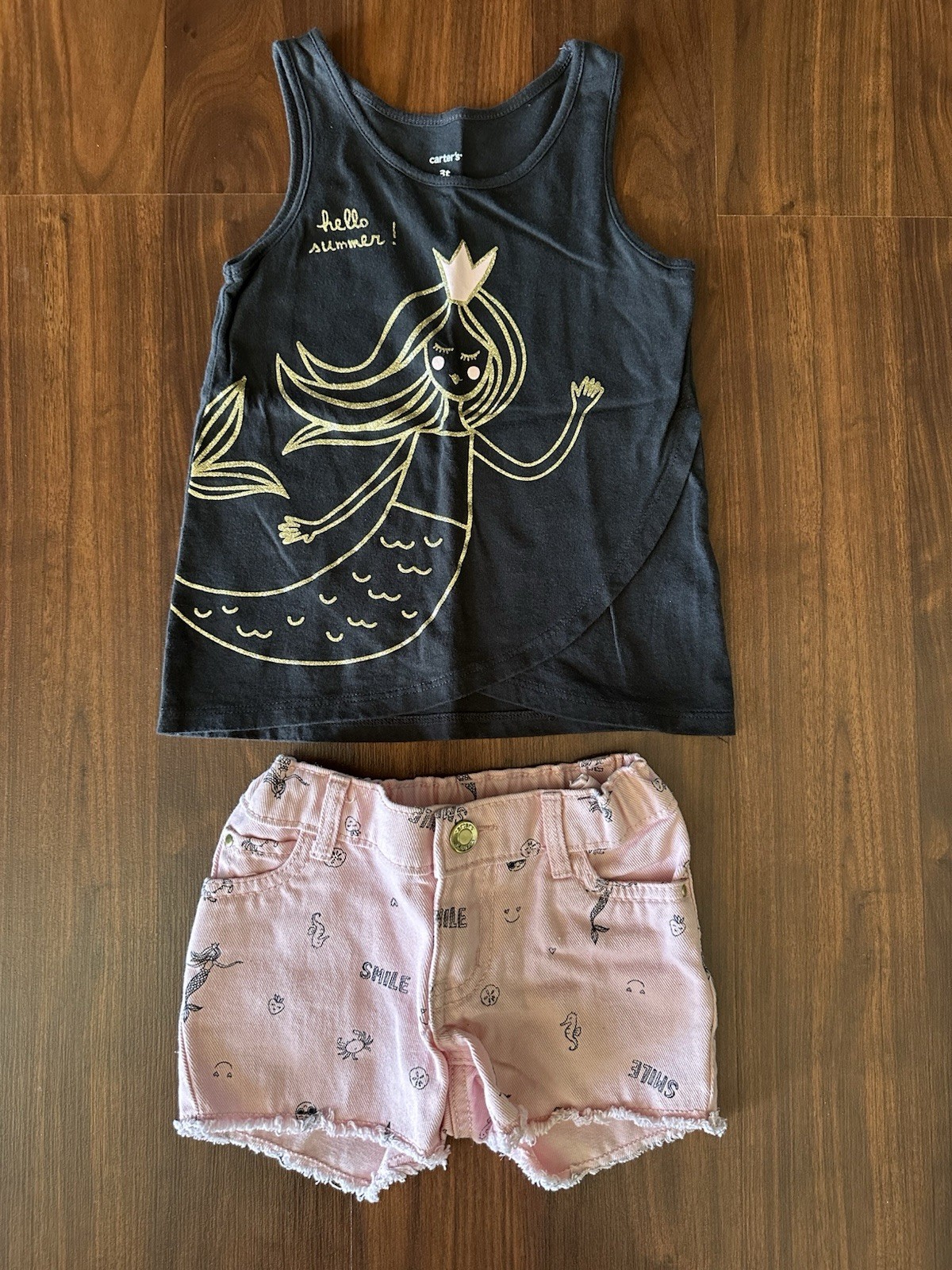 Carter’s Toddler Girls Mermaid Tank Top & Jean Shorts W/Adjustable Waist SZ 3T