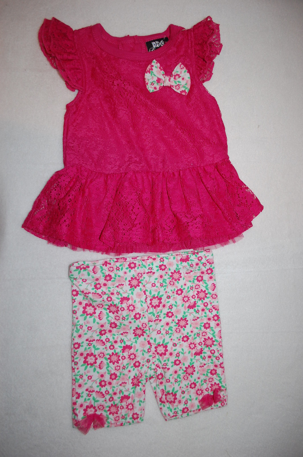 Toddler Girls Outfit DARK PINK LACE RUFFLED TOP Knit Floral Stretch Shorts 24 MO