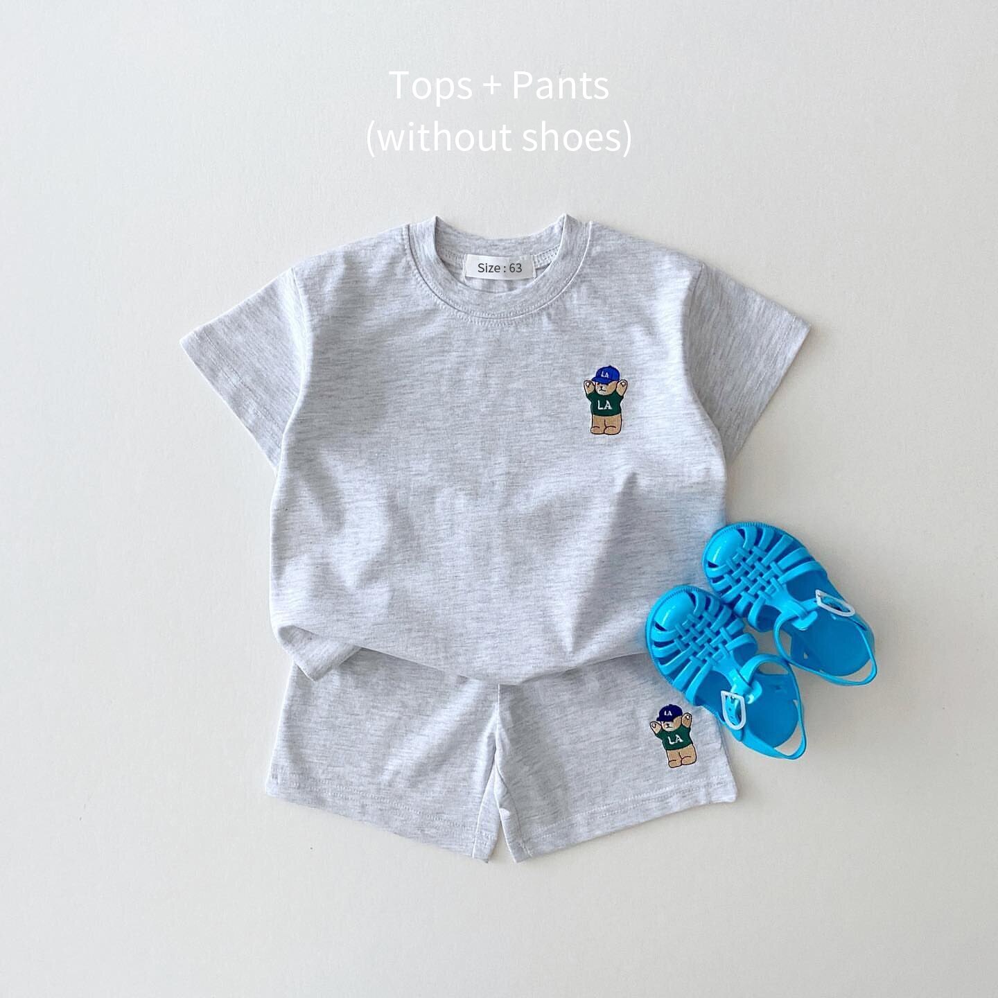 Summer Suit Embroidered Bear Badge Tees T shirts+Loose Shorts Girls 2Pcs Sets