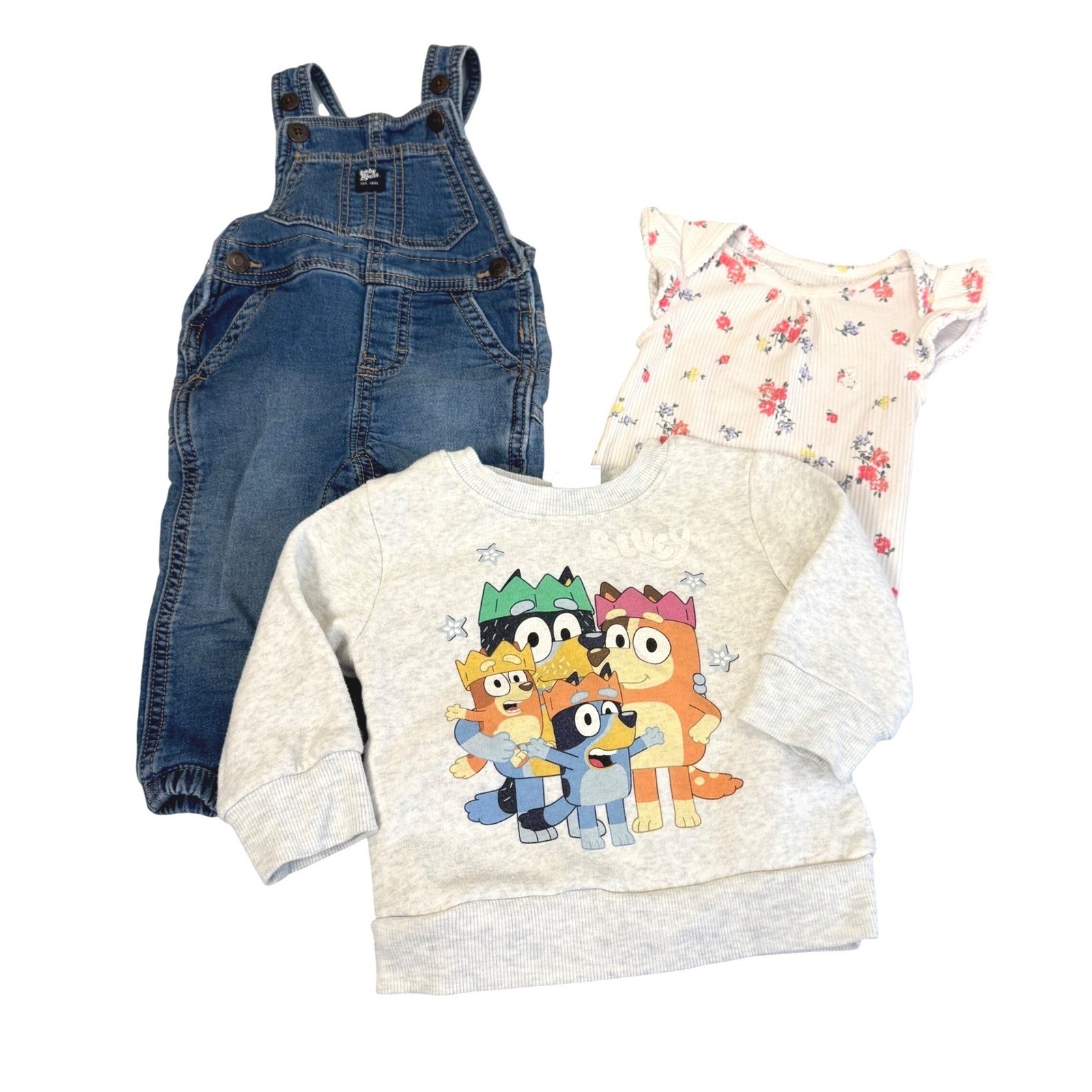 Baby B’gosh Denim Overalls Bluey Sweatshirt Set Kids 12M 3pc Bundle Disney Style