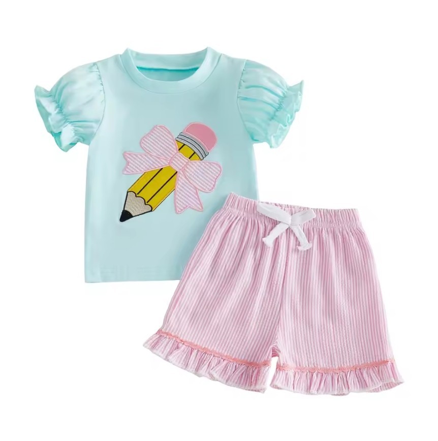 NEW Back to School Pencil Applique Shirt & Seersucker Shorts Girls Outfit Set