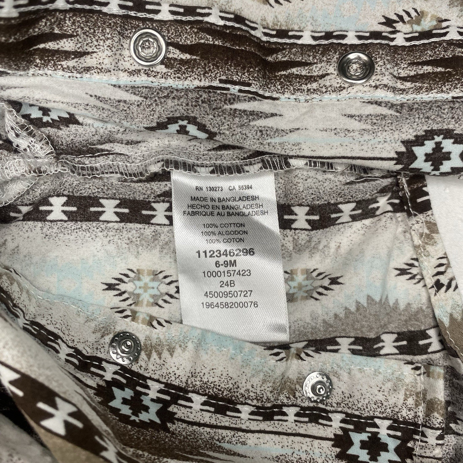 Wrangler Toddler unisex Snap Button Shirt 6-9Mths Brown Teal White Aztec Pattern