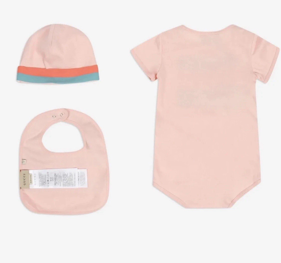 GUCCI baby pink vest bib hat age 3/6 months RRP £221