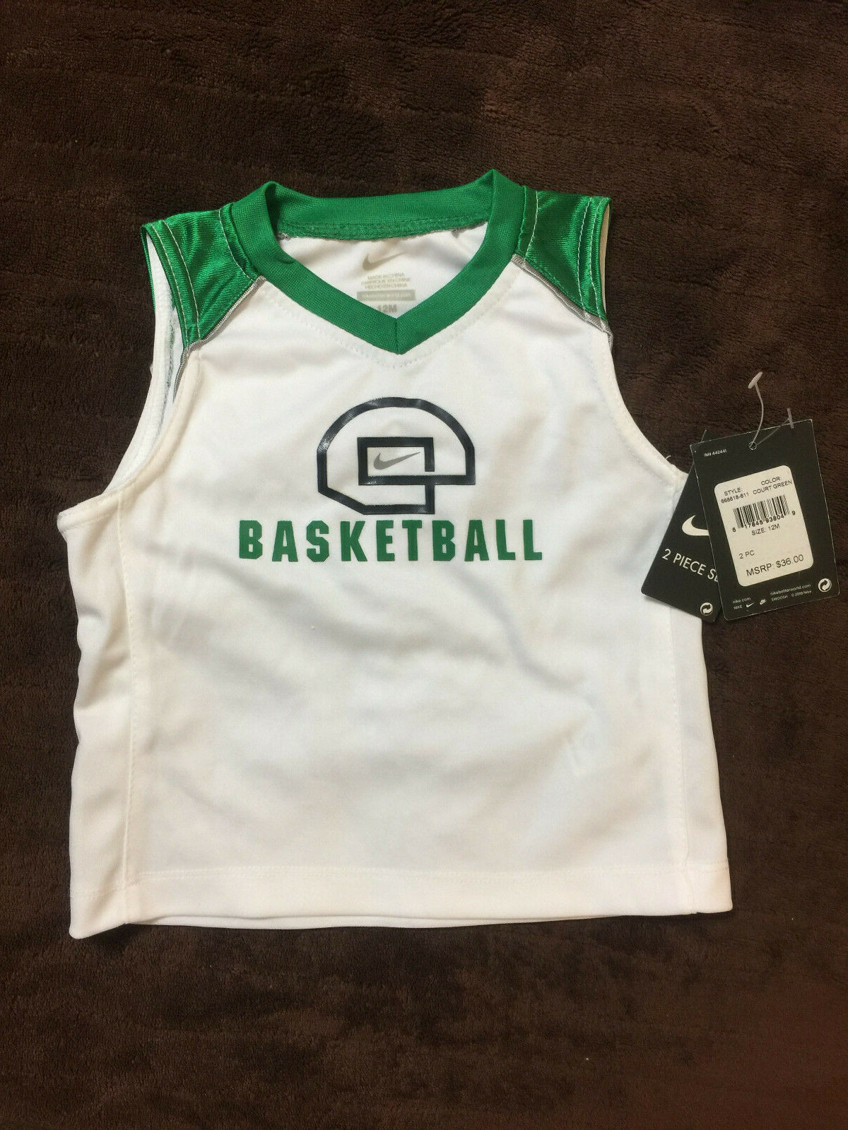 NWT NIKE 2 Piece Set, White Shirt, Green Basketball Shorts, 12 M Pls Read