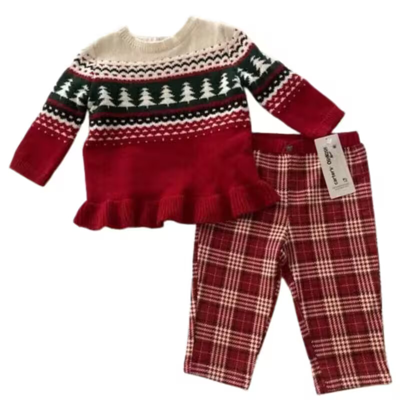 Carter’s Baby Girl 2-Piece Red Holiday Peplum Top & Fleece Pant Set – NB, 3m, 6m