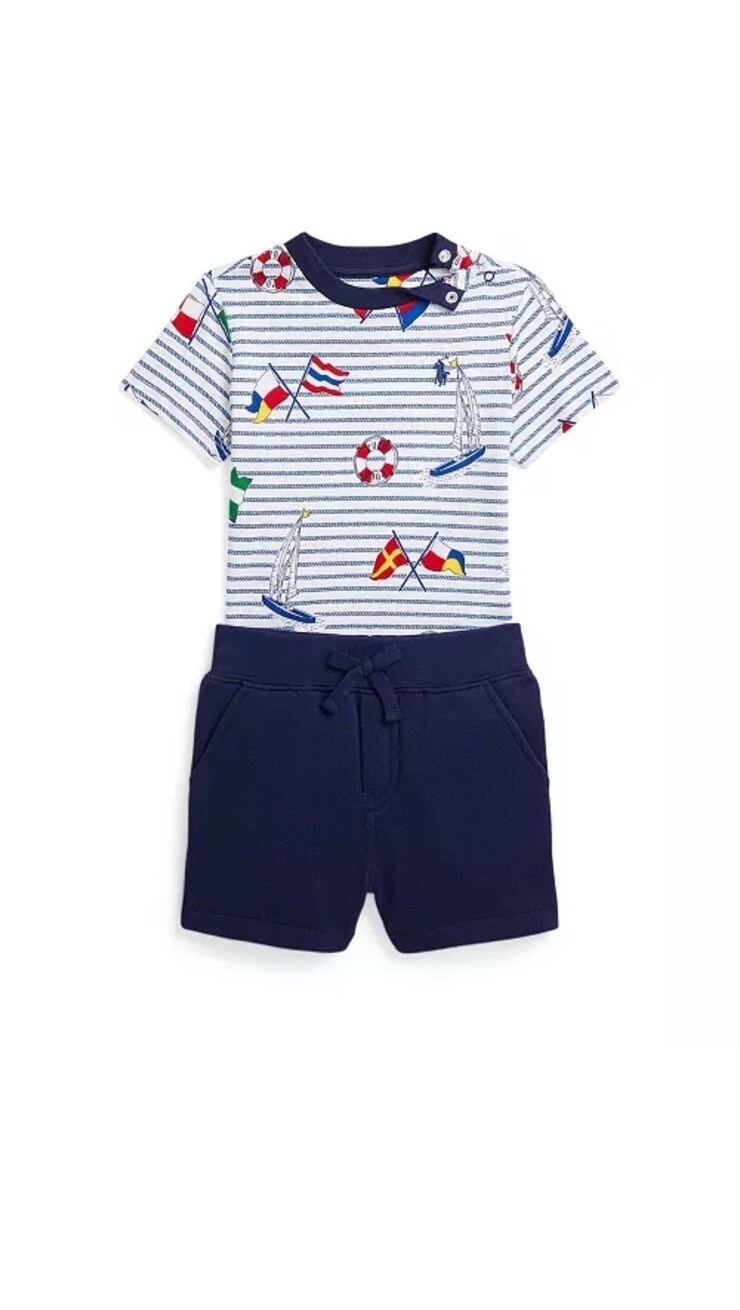 Polo Ralph Lauren Baby Boys Flag Print Jersey Tee & Fleece Short Set 9M