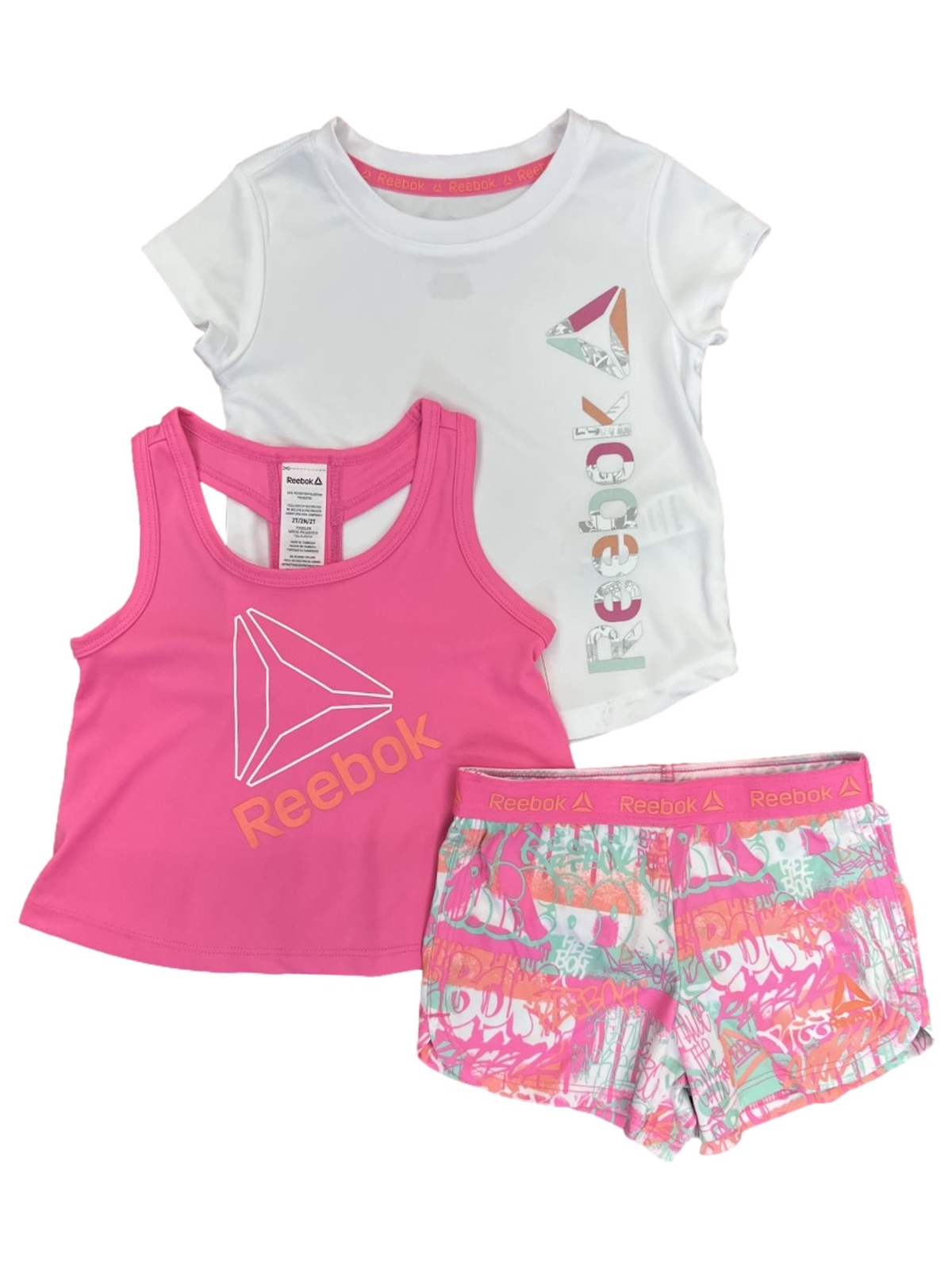 Reebok Toddler Girls Pink & Orange 3pc T-Shirt Tank Top & Shorts Set 18 Months