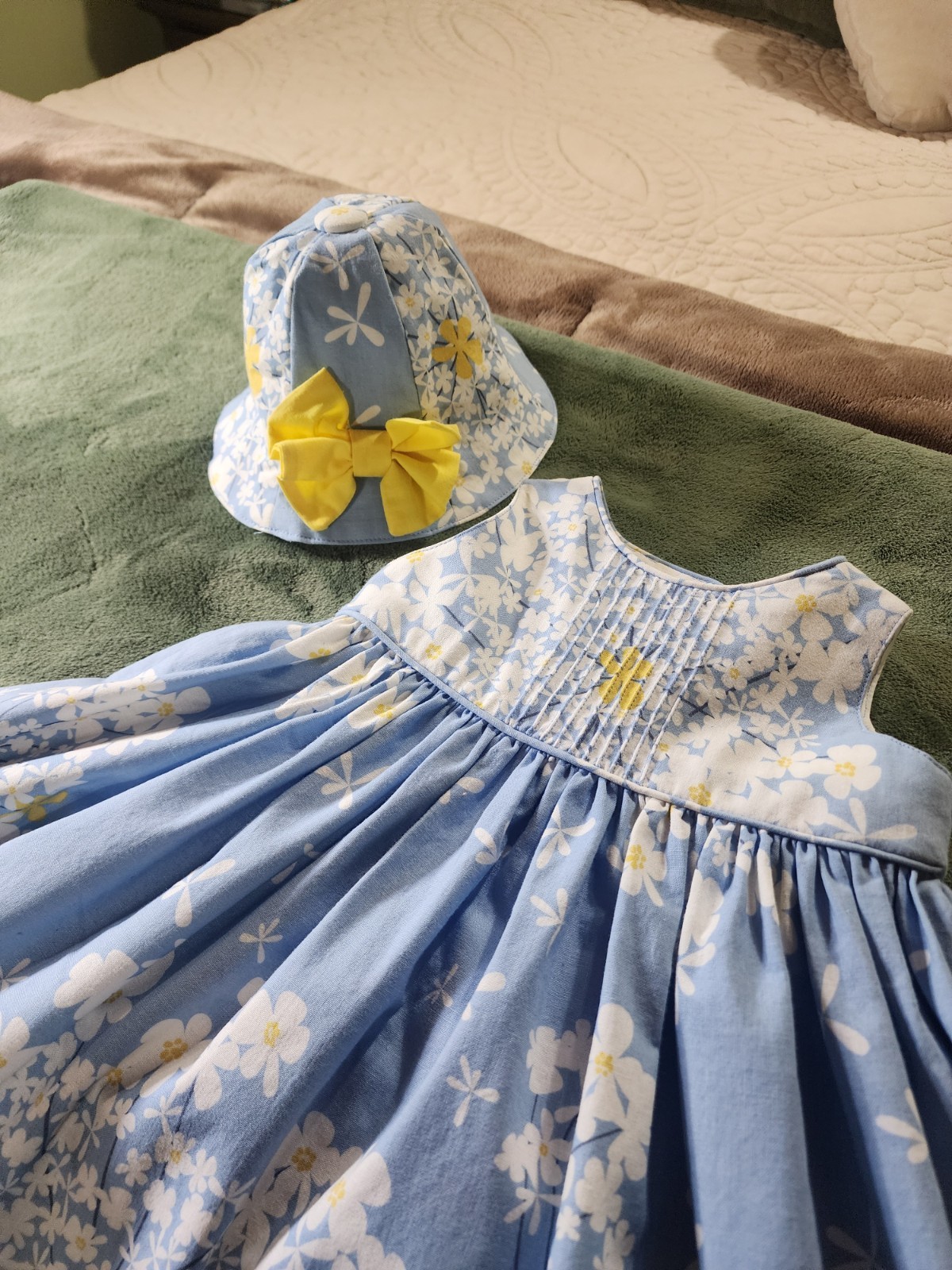 New Blue Floral dress& hat, 100% cotton, one of a kind,high quality, seller made