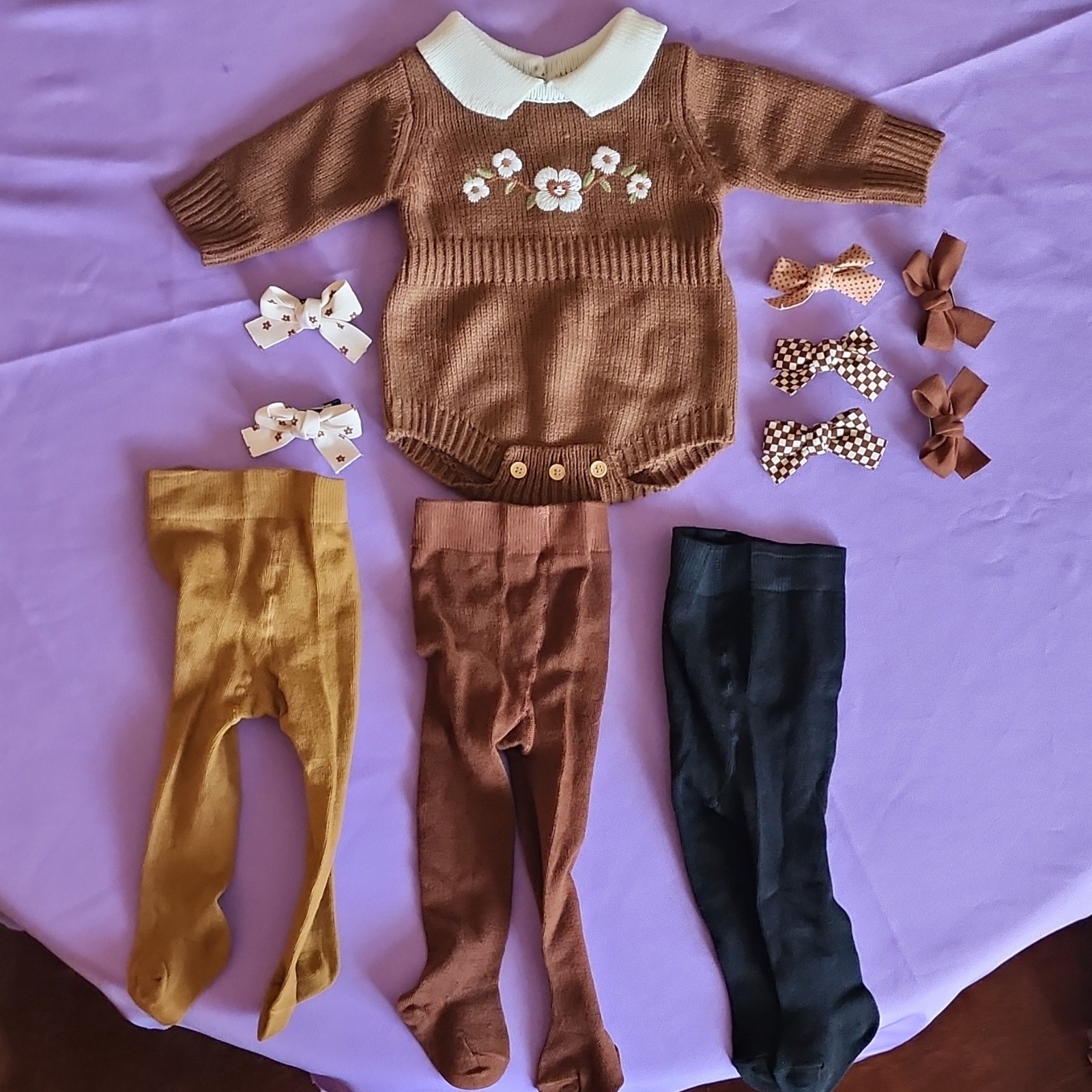Baby & Toddler Hand MadeFloral Knit Dress Set with Tights & Hair Bows