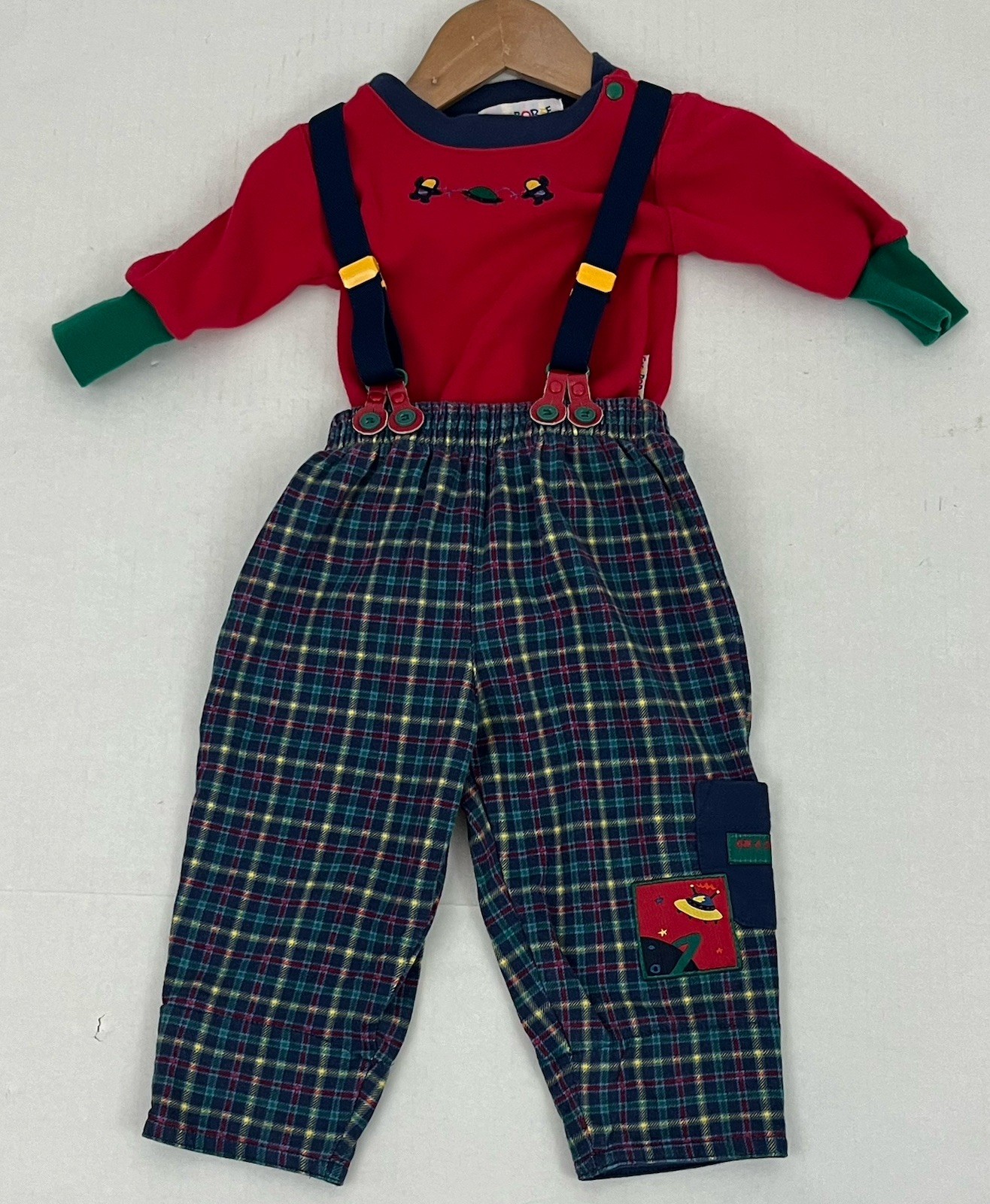 Vintage Gymboree Boy’s Newborn 2pc Plaid Overalls & Top Set Space Rocket