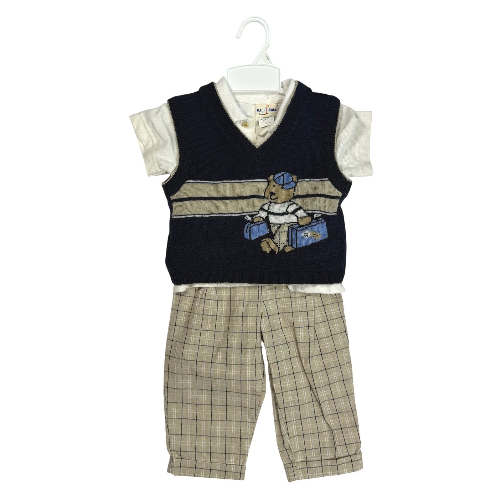B.T. Kids Vintage Preppy Aesthetic Boys 3pc Outfit Set Navy Tan Cotton Blend