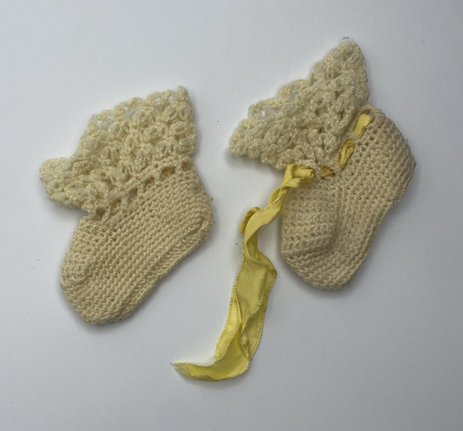 Vintage Hand Crocheted Yellow Baby Set Sweater Hat Booties 1960/70s Good Cond