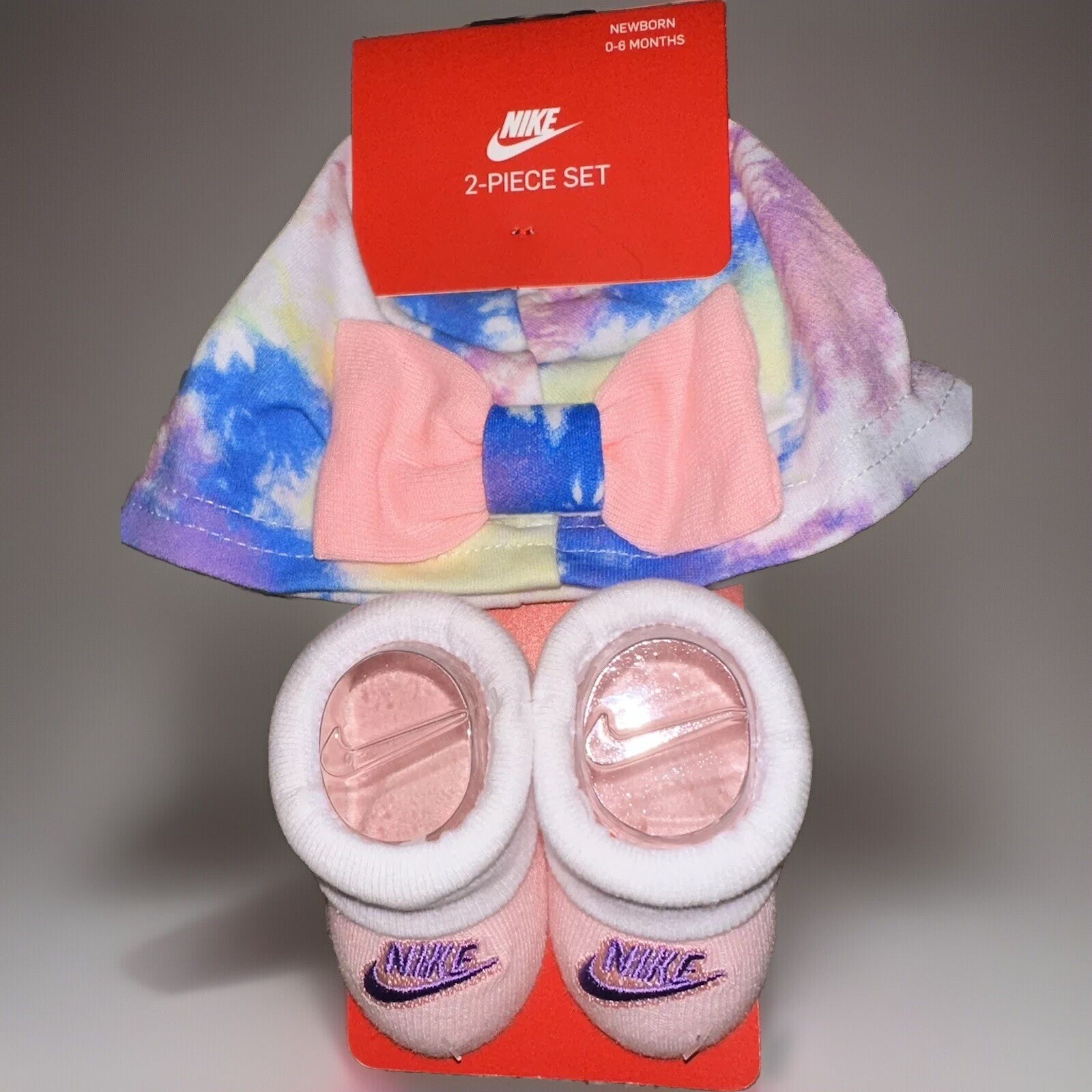 Nike 2-Piece Hat Booties Set Newborn 0-6 Months Pink Purple Bow Tie Dye