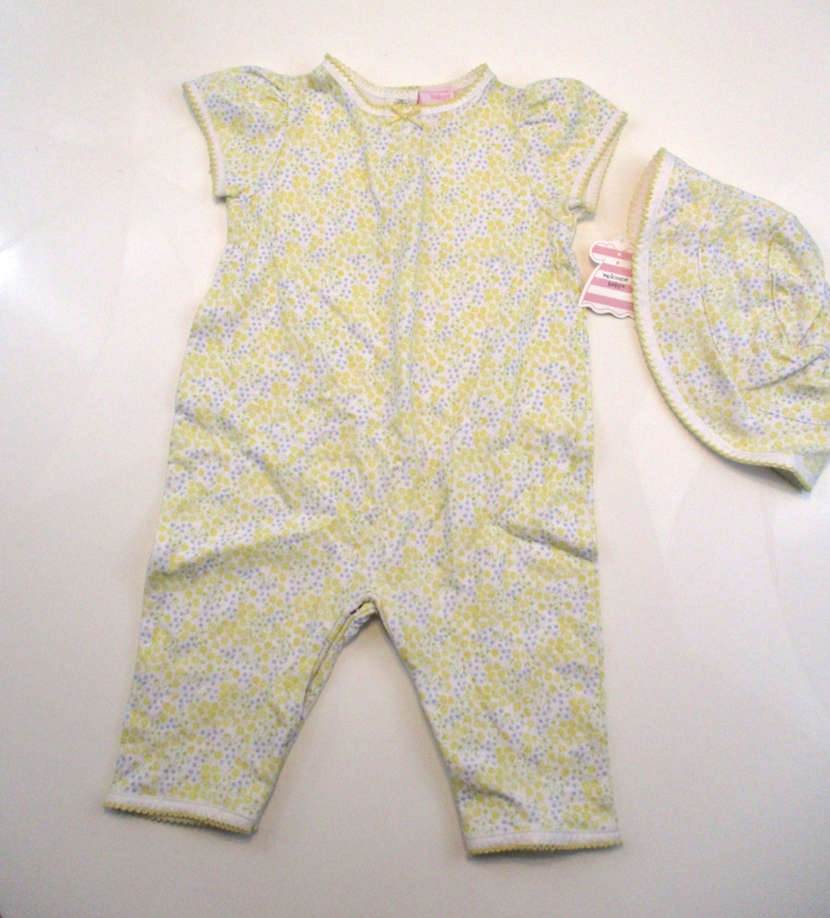 Welcome Baby Outfit Romper Girls 6-9 mos White Yellow Floral w/Bucket Hat NWT