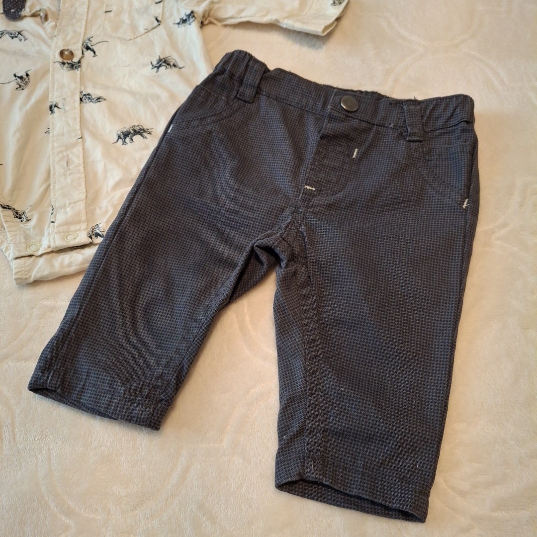Cream Dino Print Botton Front Baby Shirt and Pants Set. 0-3