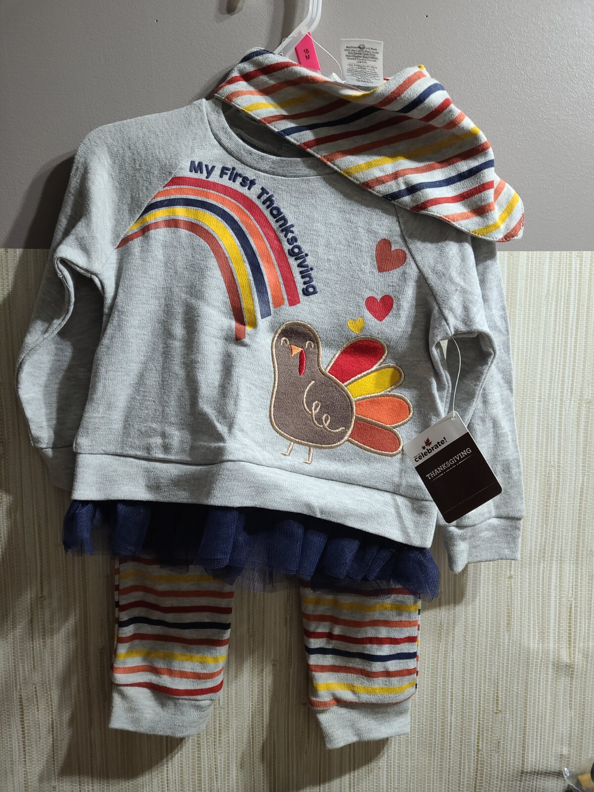 My First Thanksgiving Baby Girl Outfit Size 18 Months. NWT! Shirt, Pants. & Bib