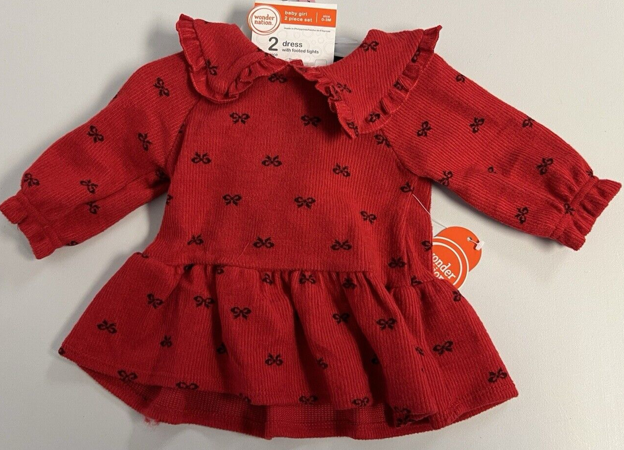 Girls Size 0-3M 2-Piece Red Dress & Black Footed Tights Set Outfit