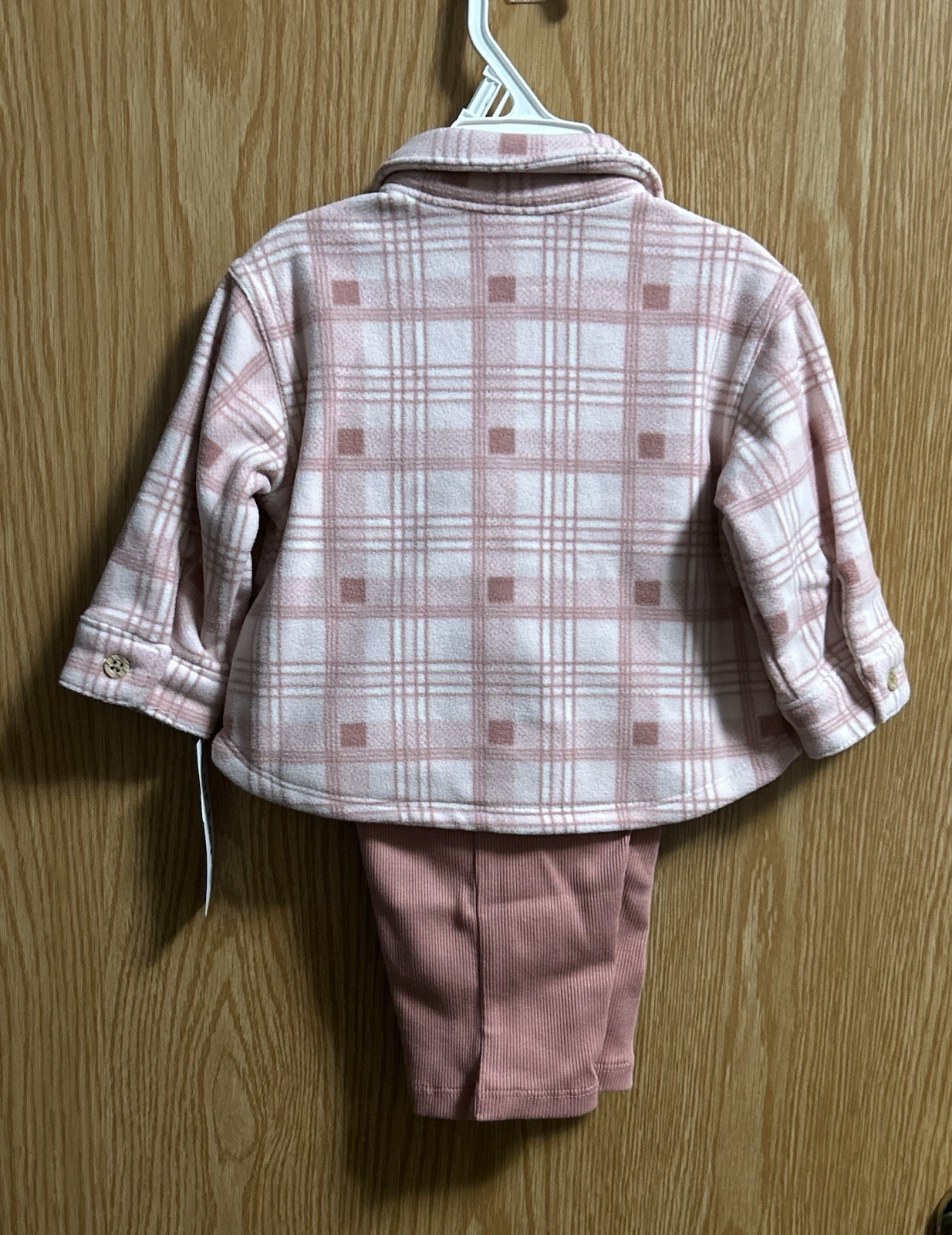 2pc Pink & White Plaid Fleece Long Sleeve Shirt w/Pink Pants Set