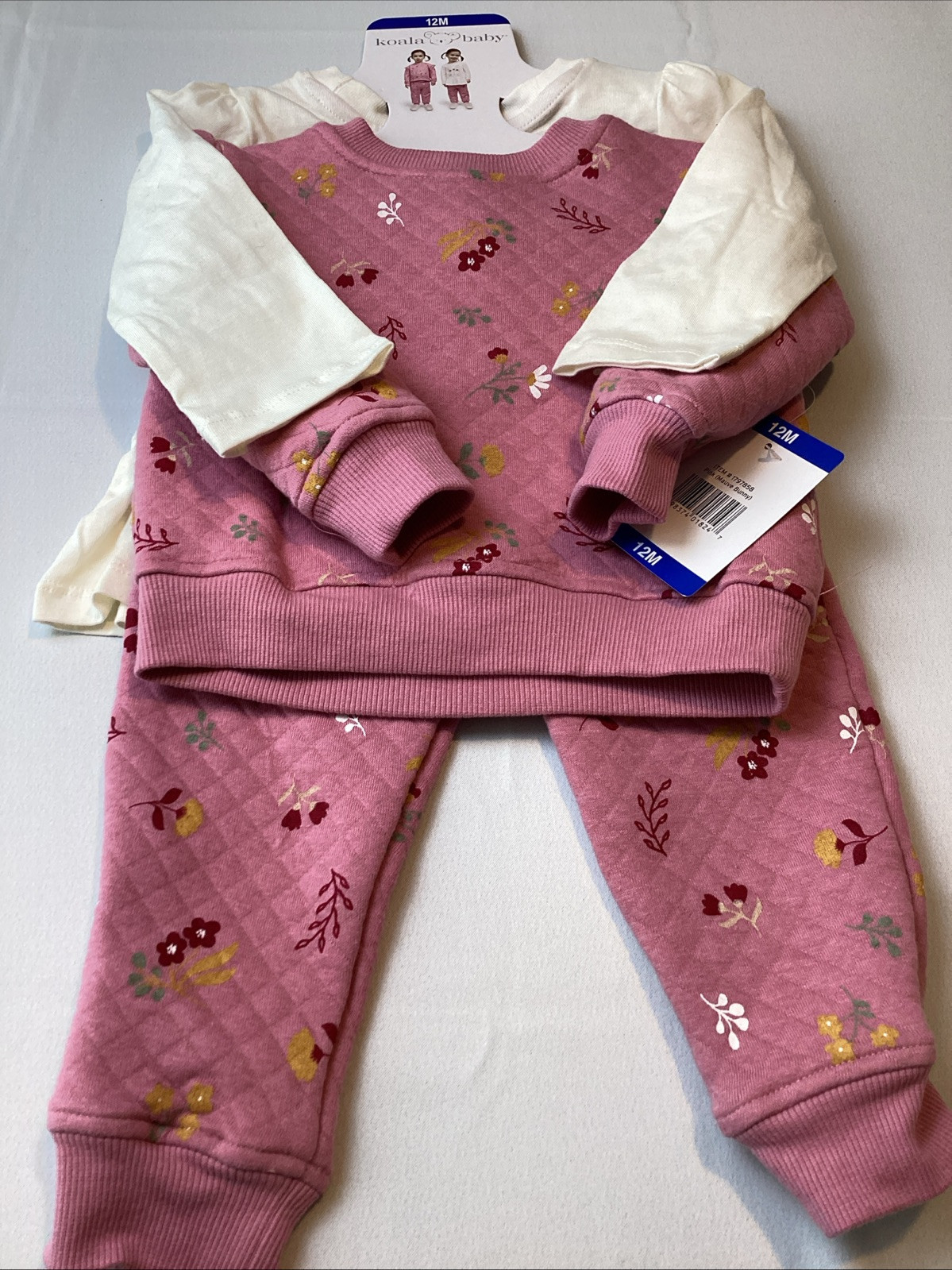 Koala Baby Infant Girl 3 Piece Set Pants, Top & Sweater, Pink Mauve Bunny, 12M