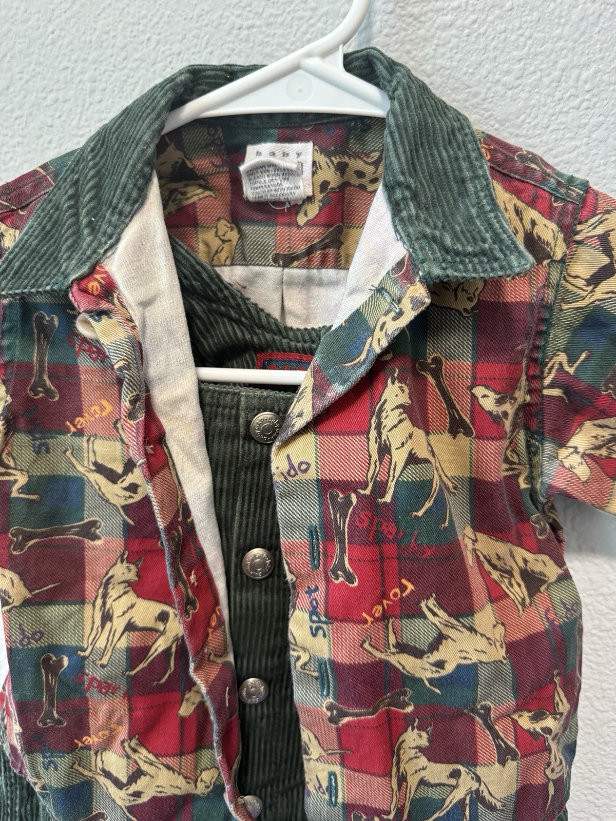VTG 90s Baby Gap Exploration Corduroy Overalls Flannel Shirt Set Dog Theme 6-12