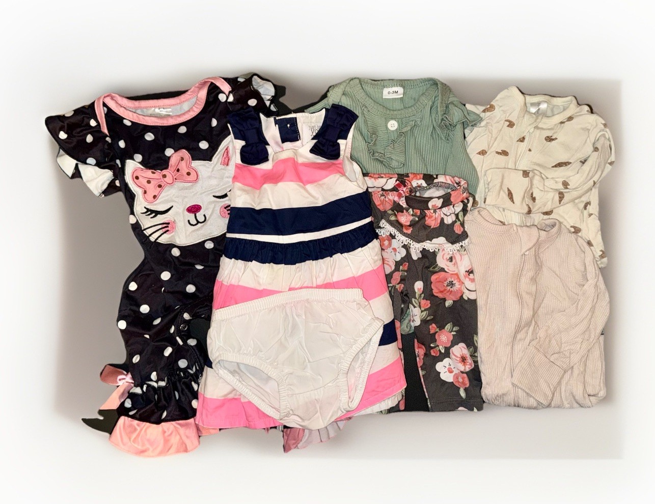 Baby 0-3m Unisex 7 Pc Cat Romper Floral Striped Dress Set Multicolor