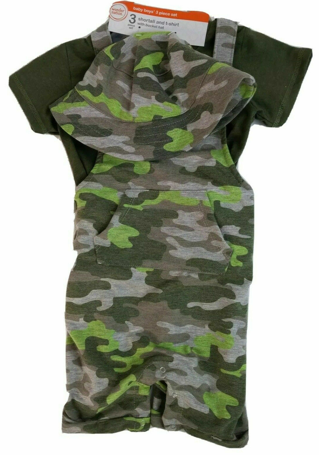 Wonder Nation Infant Baby Boys 3pc Set Shortall Shorts T-shirt Bucket Hat Camo