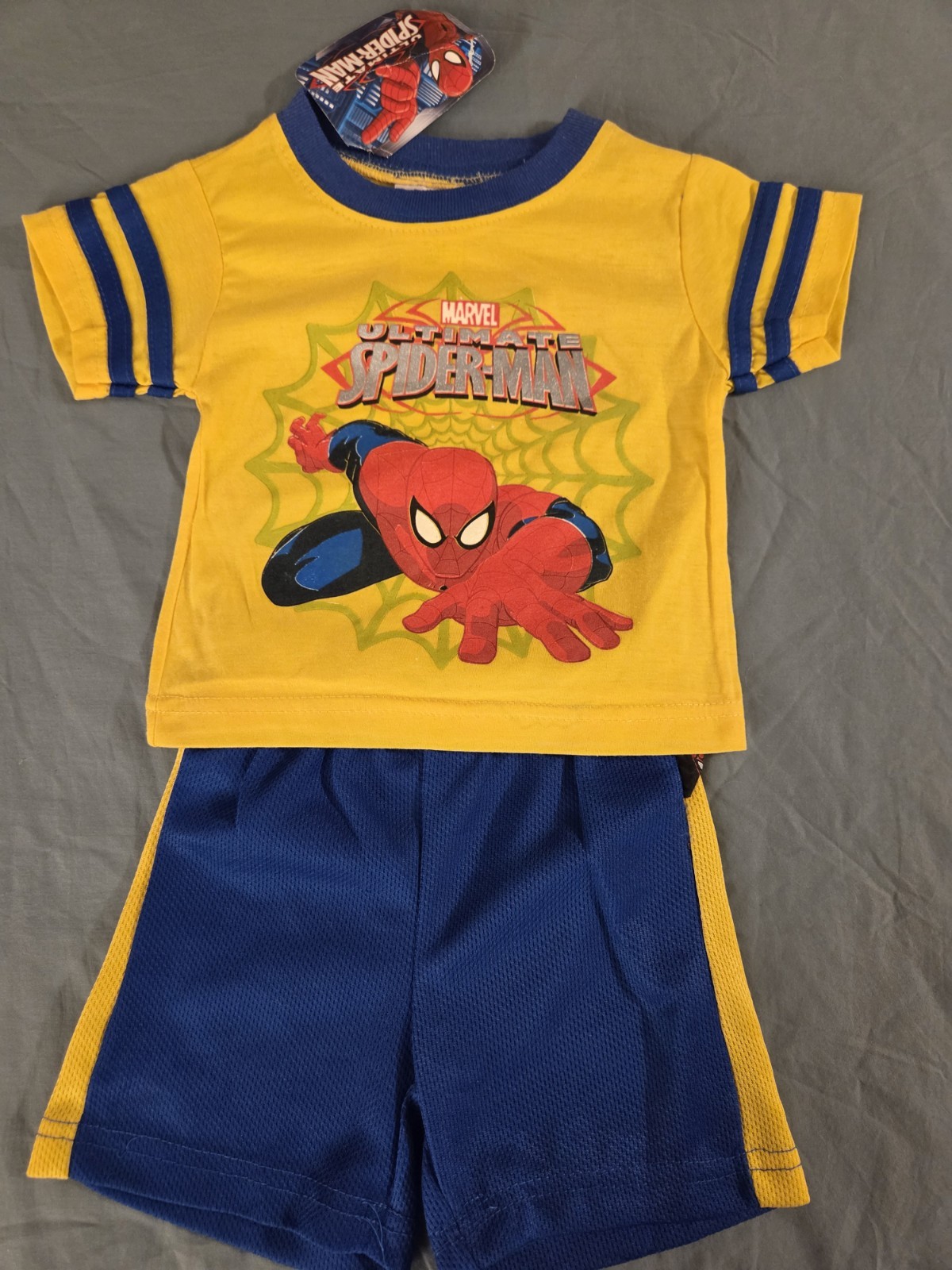 Marvel Ultimate Spider-Man Boys 12M 2PC Set NWT Yellow Tee Blue Shorts Outfit