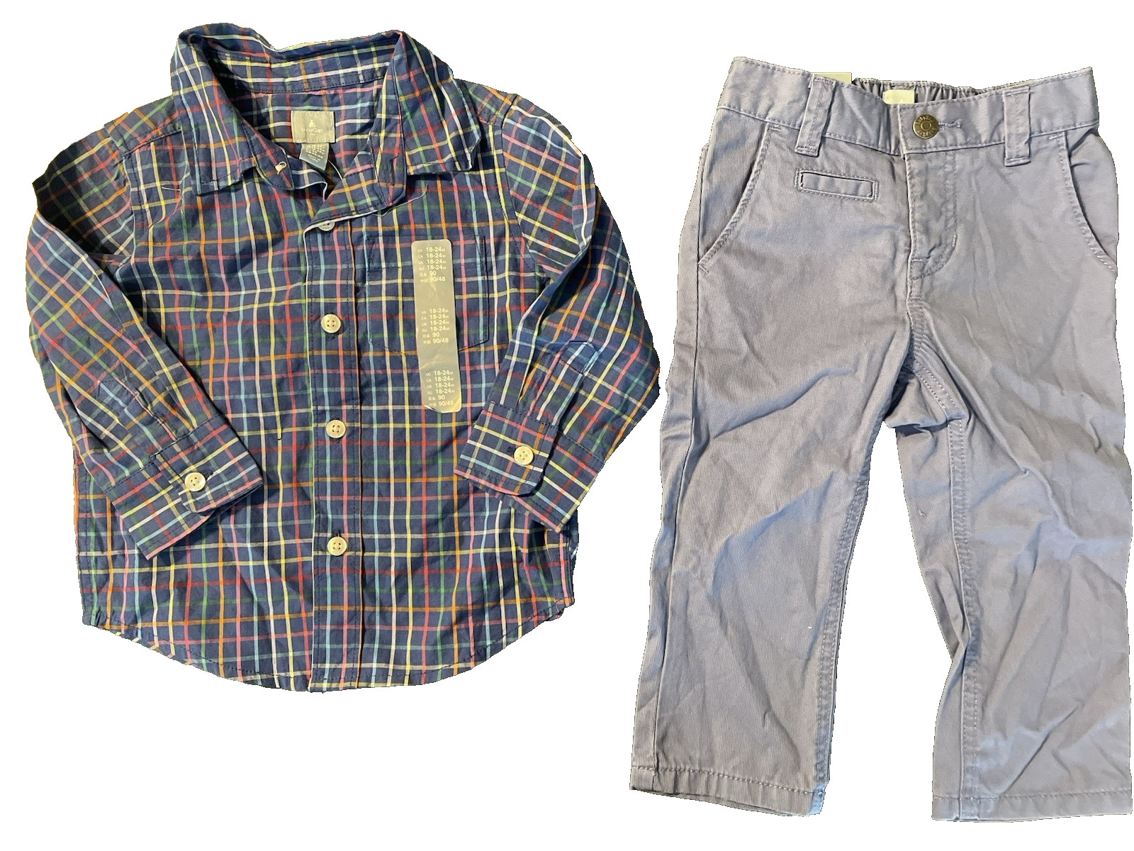 baby Gap NWT Boys 18 24 Mo 2 Pc Set Plaid Long Sleeve Shirt w/ Blue Pants