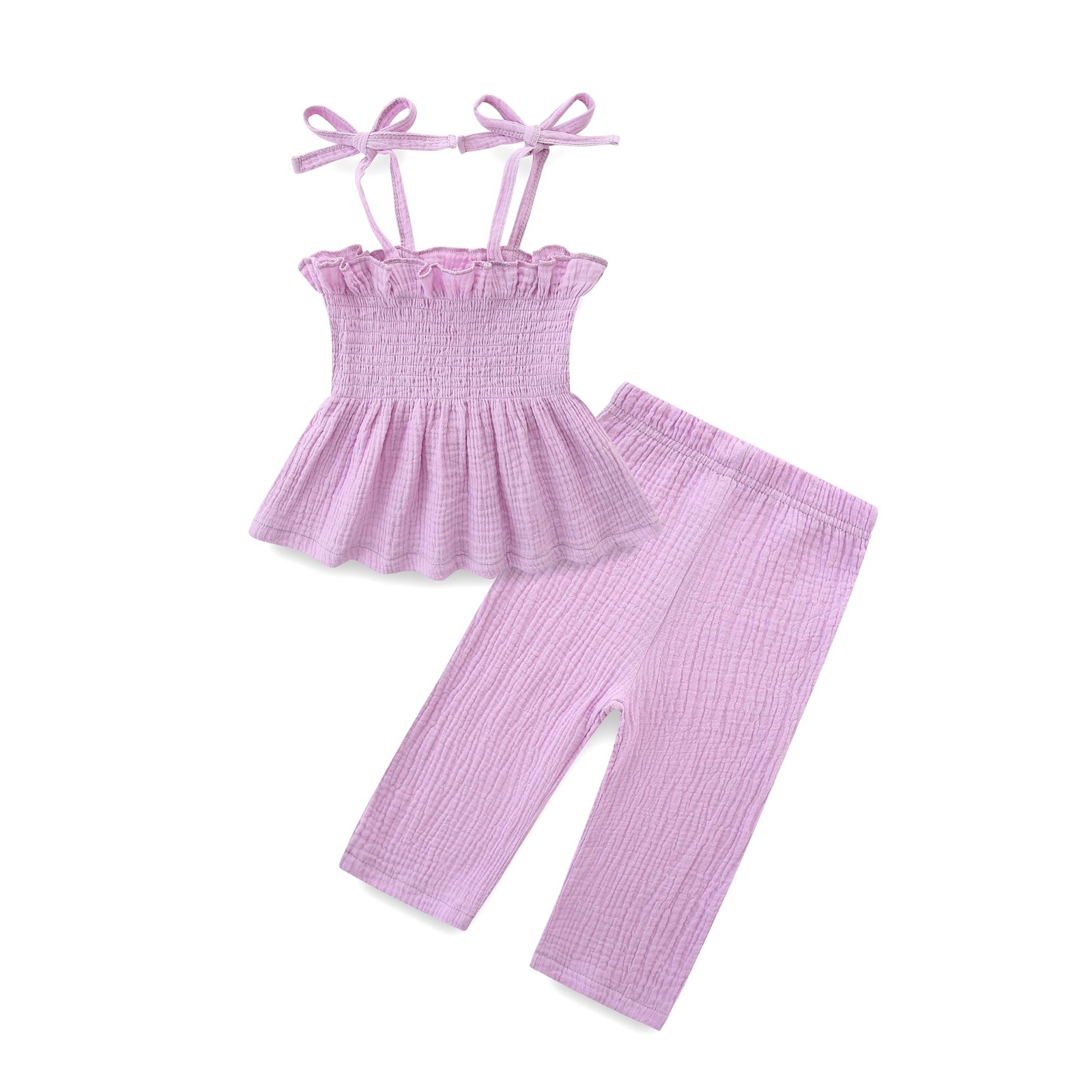 Girl Summer Outfits Sleeveless Smocked Strap Camisole And Linen Pants Sets Ba…