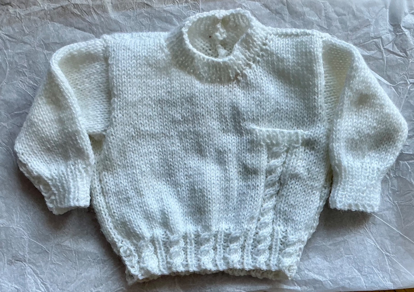 HAND KNITTED BY ME – FIRST JUMPER ~ WHITE ACRYLIC ~ LENGTH 9” ~ CHEST 18” ~NEW