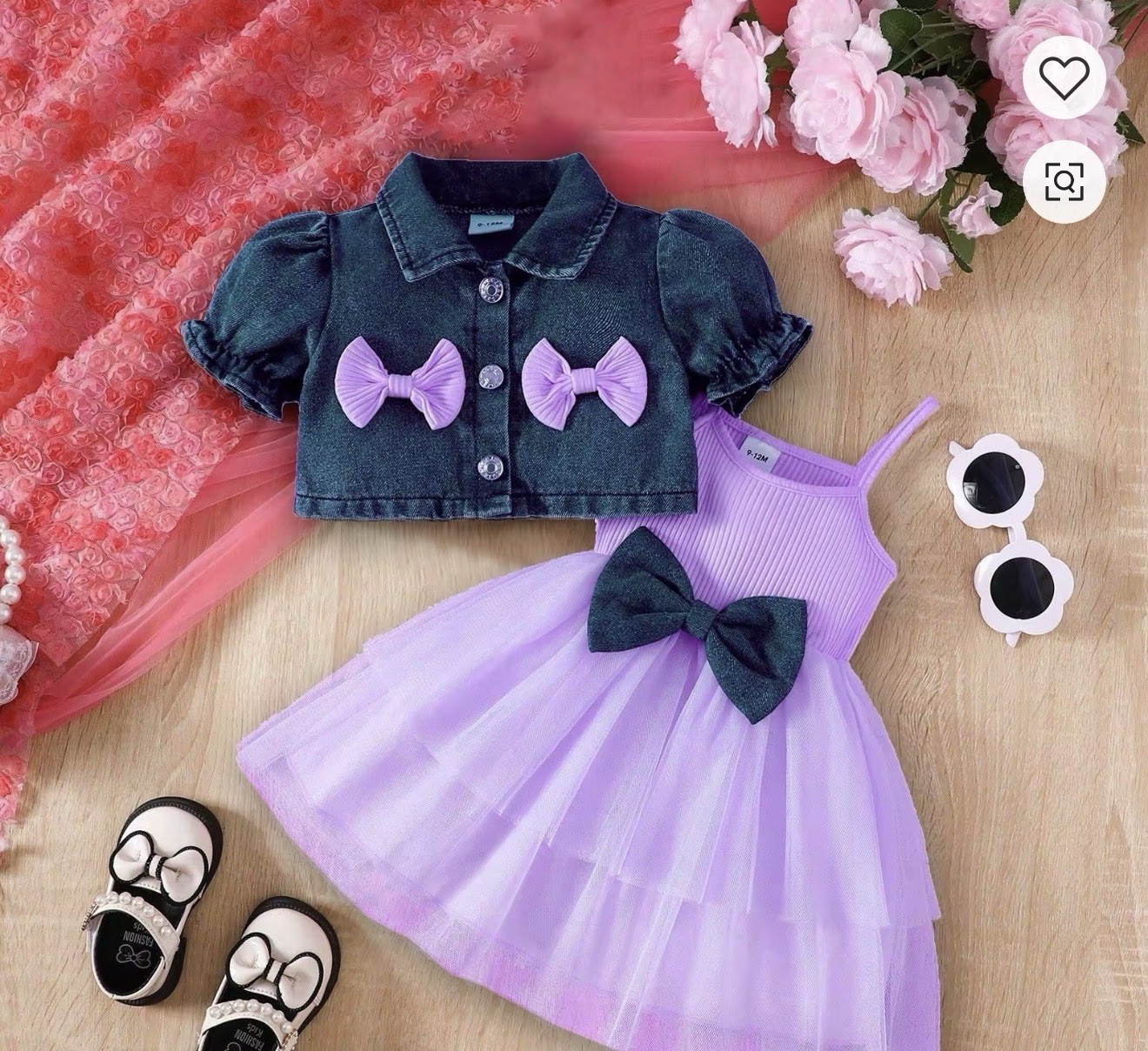 Girls 3-6 Months 2pc Heart Party Dress Set Denim Jacket Tulle Bow Ruffle