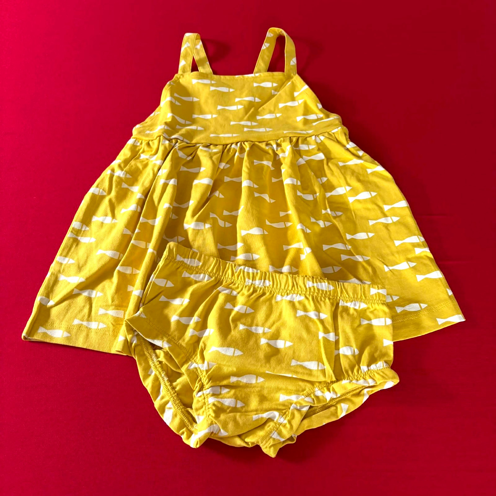 Hanna Andersson Sweet Fish Apron Dress & Bloomers Set. Size 6-12 Months, 70 cm