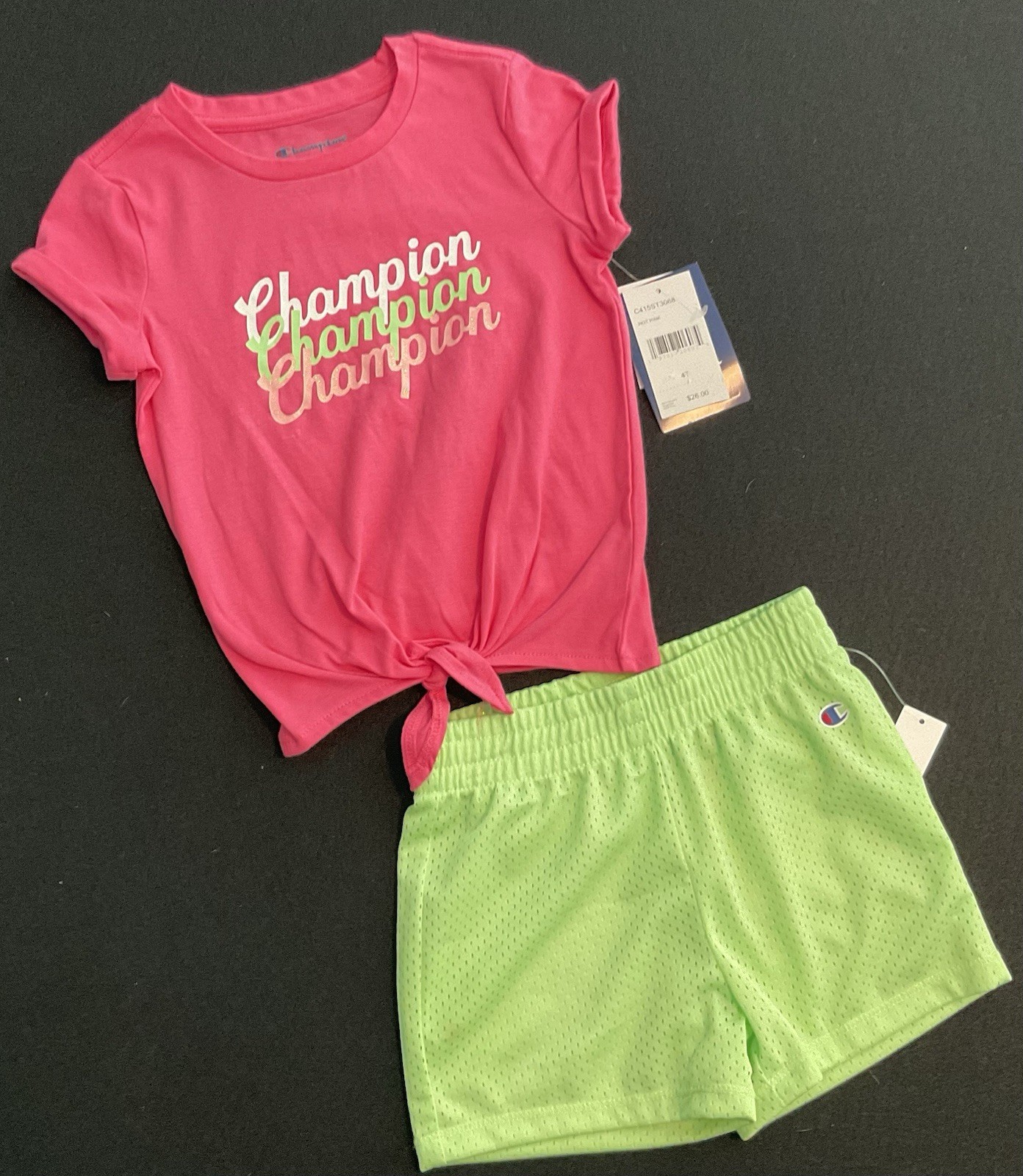 Champion Toddler Girls Pink 4T Tie Front Top & Mesh Shorts Set Hot Pink NEW