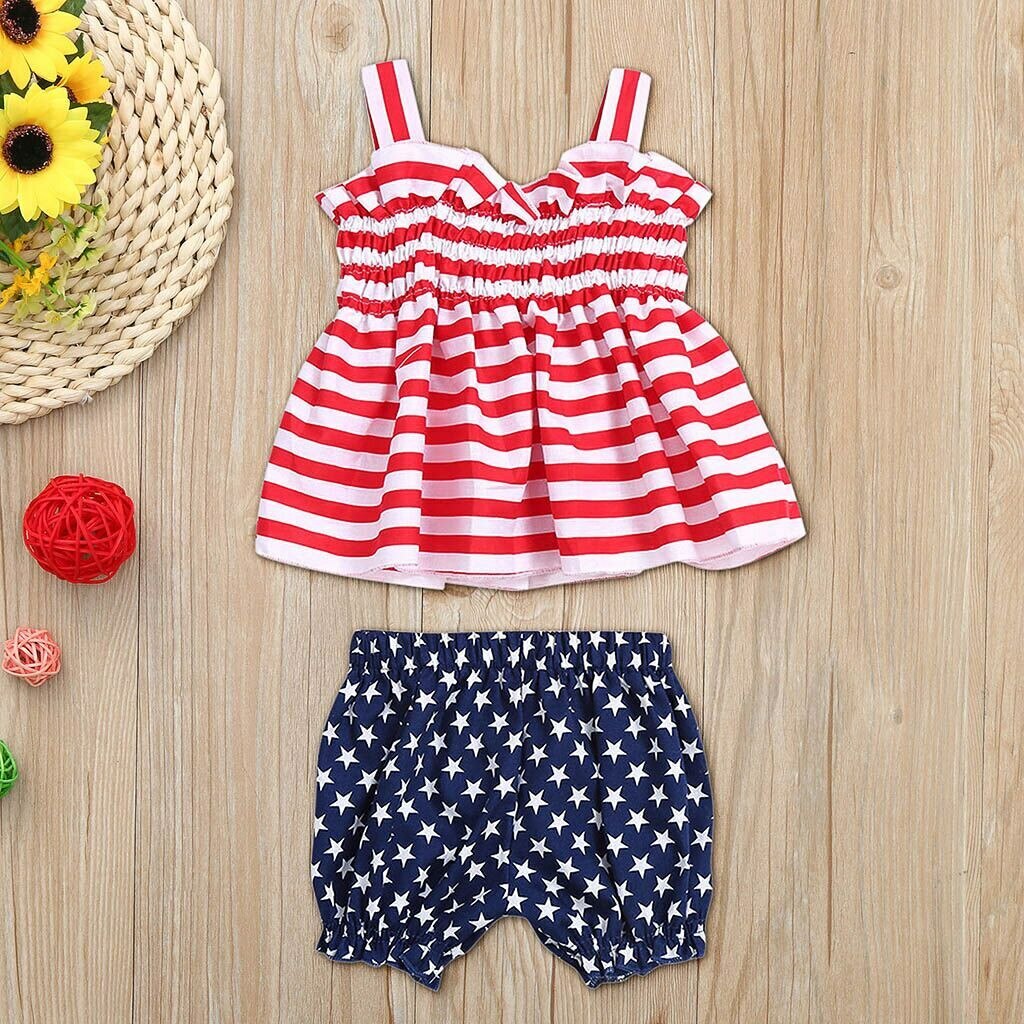 NEw Baby Girls 4th of July Patriotic Smocked Bow Ruffle Tunic Bloomers Outfit