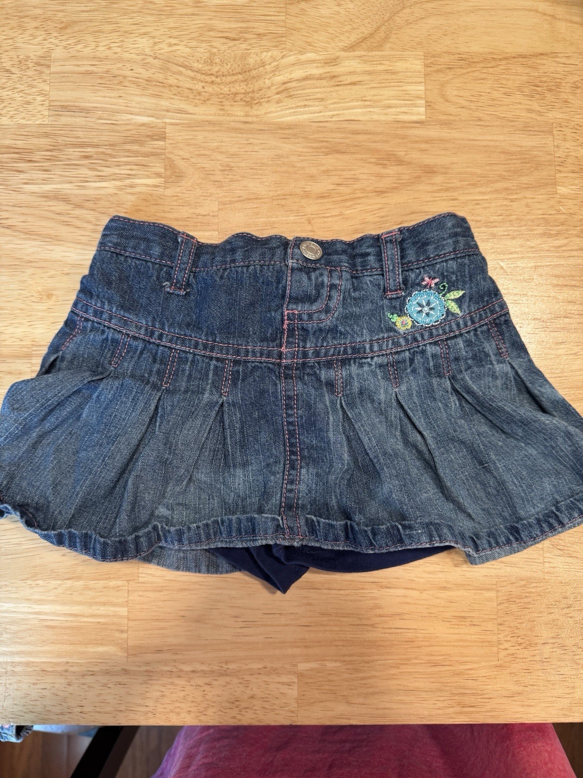 Girls Blue Denim Pleated Skort Embroidered Flower Elastic Waist Button 18 months