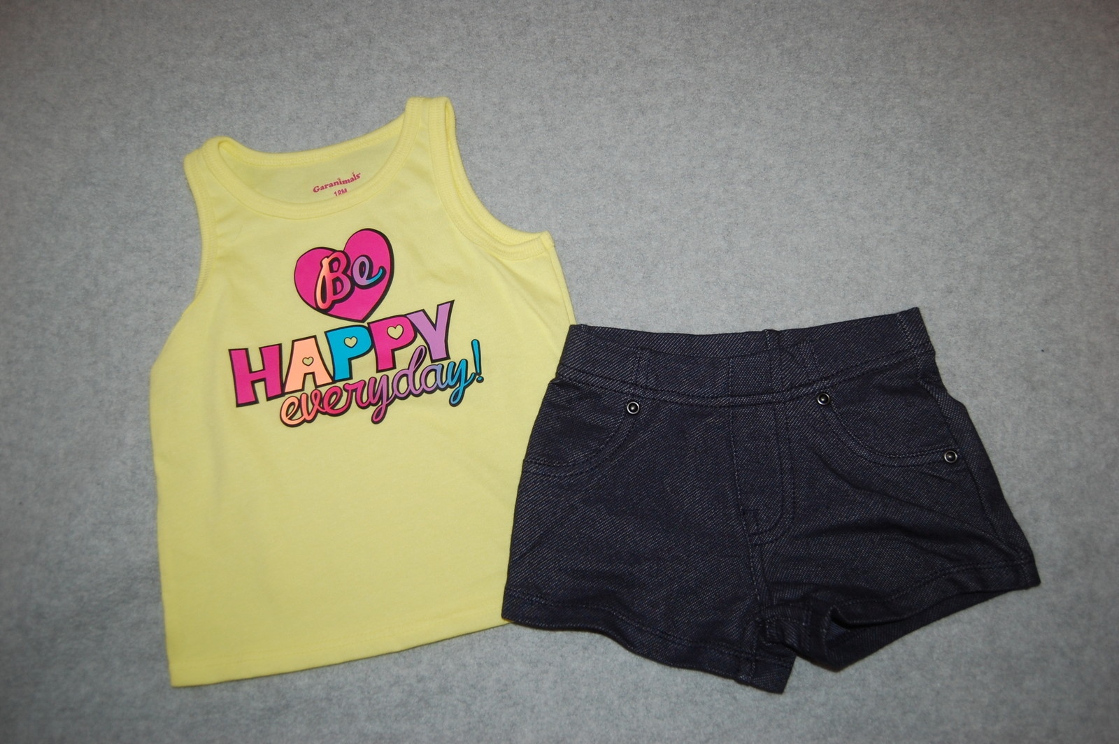 Toddler Girls YELLOW TANK TOP Be Happy Everyday! BLUE SHORTS Denim Look 18 MO