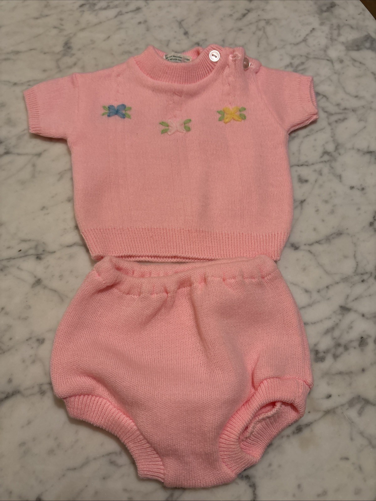 Vintage 2 Piece Pink Acrylic Infant Outfit By Confetti Knits 0-6 Month Neverworn