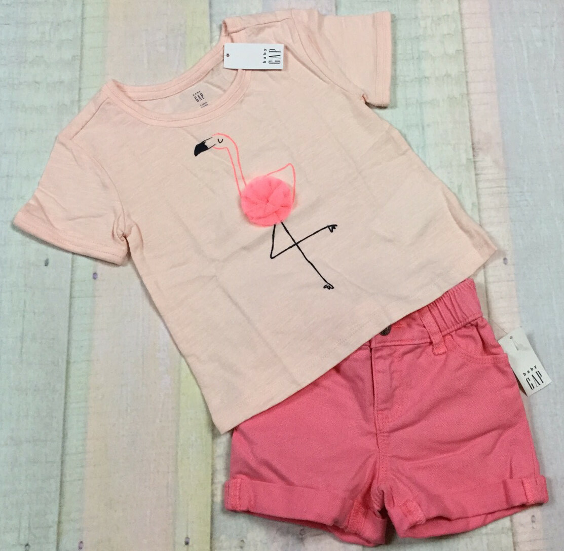 Baby Gap Girls 12-18 Months Flamingo Shirt & Pink Denim Shorts Outfit. Nwt